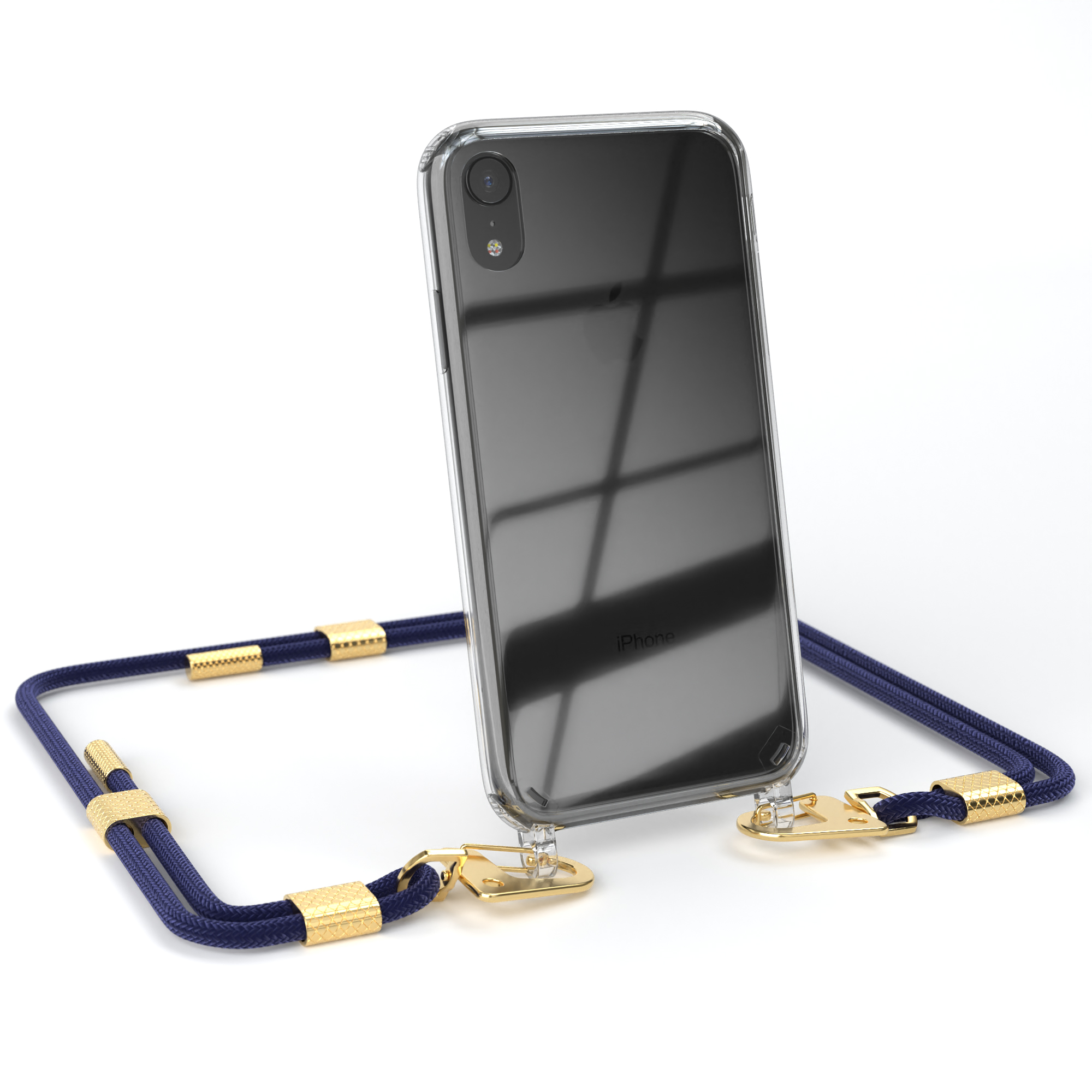 Transparente Handyhülle mit blauer Kordel. Goldakzente an der Kordel. Telefon im Gehäuse.