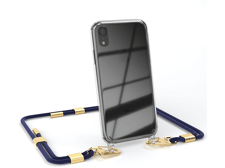 EAZY CASE Transparente Handyhülle + runder Nachtblau XR, iPhone Kordel Gold Umhängetasche, mit Apple, Karabiner, 