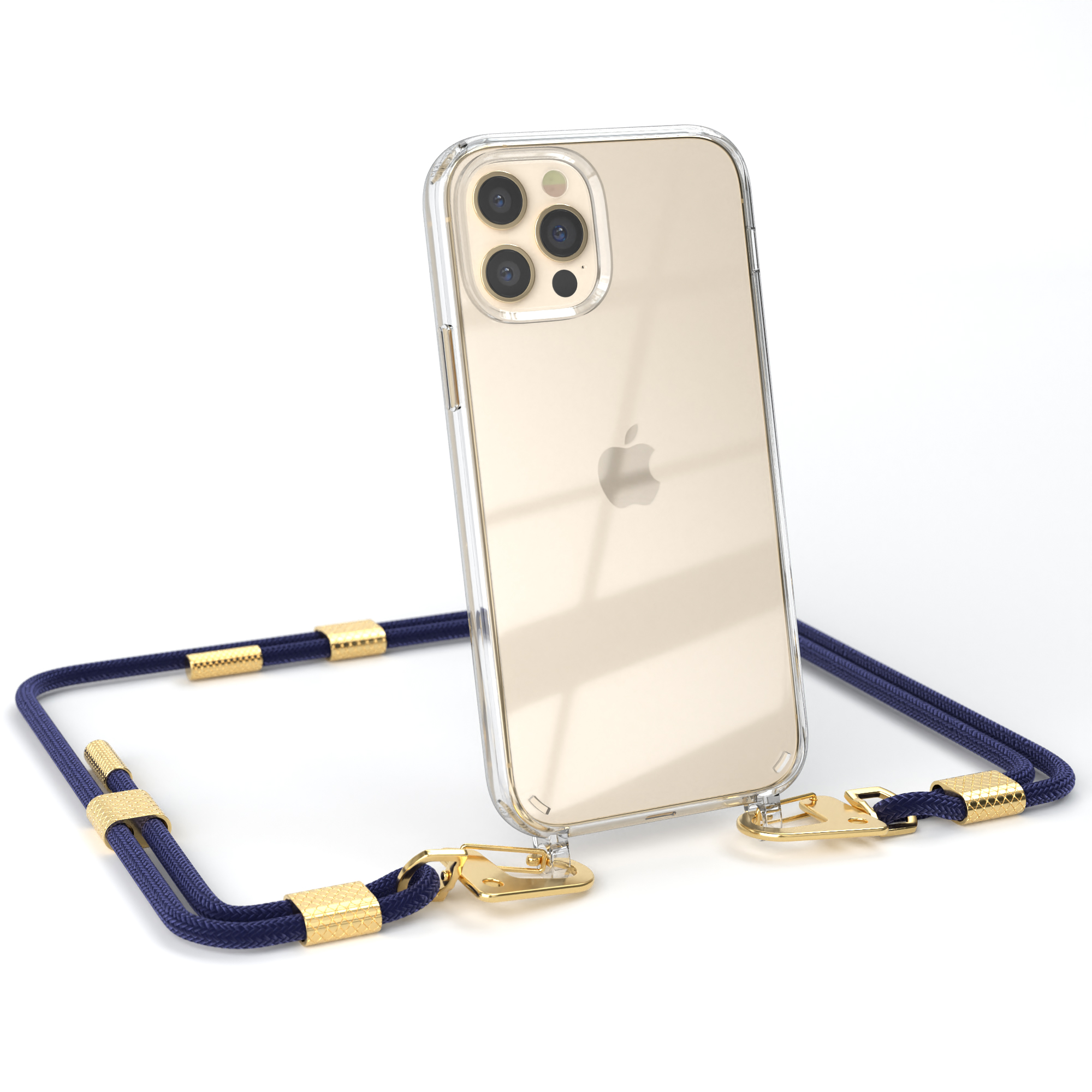 Eine transparente Handyhülle mit blauem Lanyard. Die Handyhülle hat ein Telefon. Das Telefon hat mehrere Kameras.