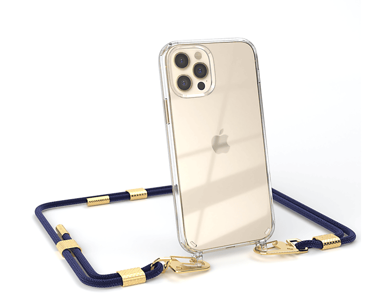 EAZY CASE Transparente Handyhülle mit runder Kordel + Karabiner, Umhängetasche, Apple, iPhone 12 / 12 Pro, Nachtblau / Gold