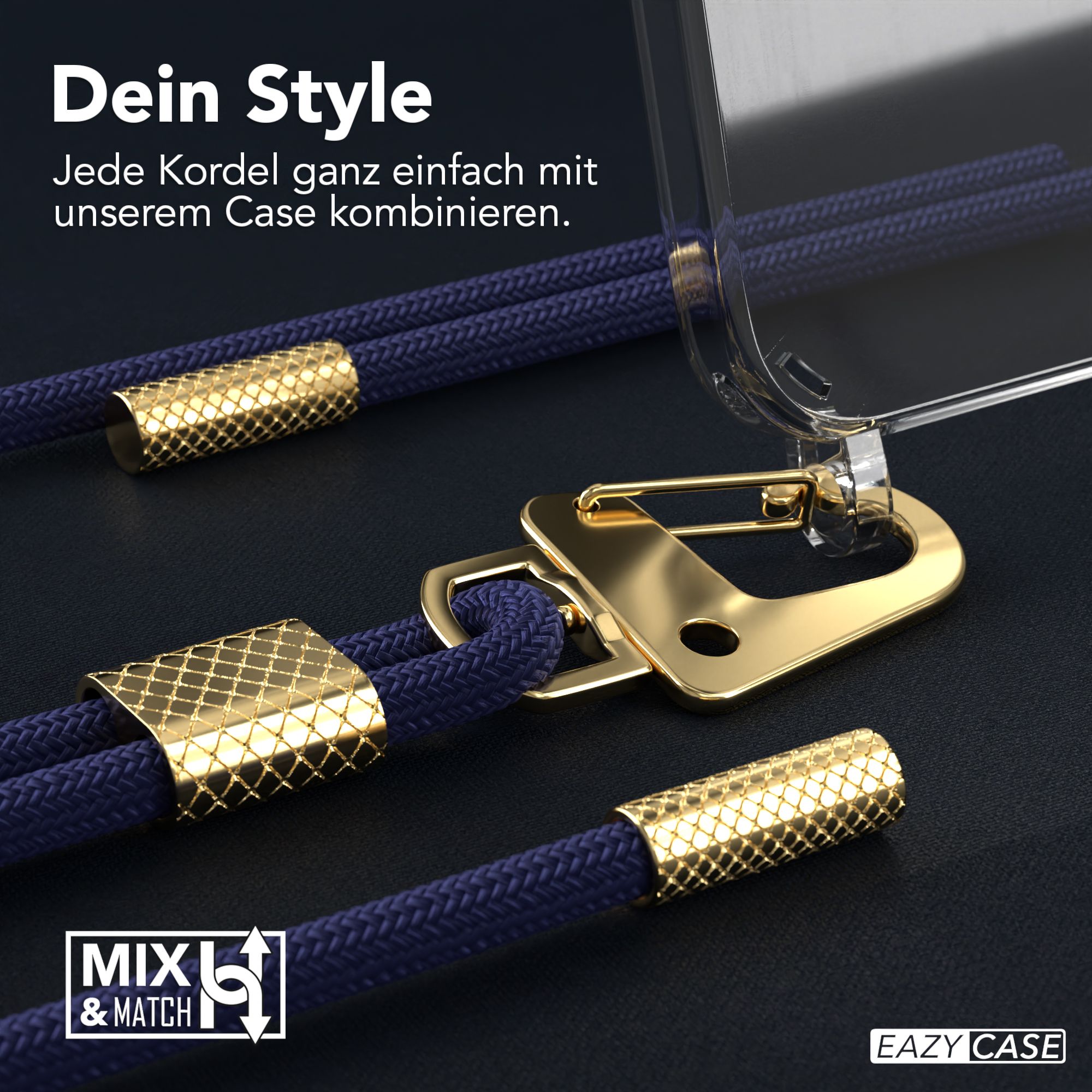 Telefon mit Lanyard und goldenen Akzenten. Das Lanyard ist blau, die Hülle transparent.