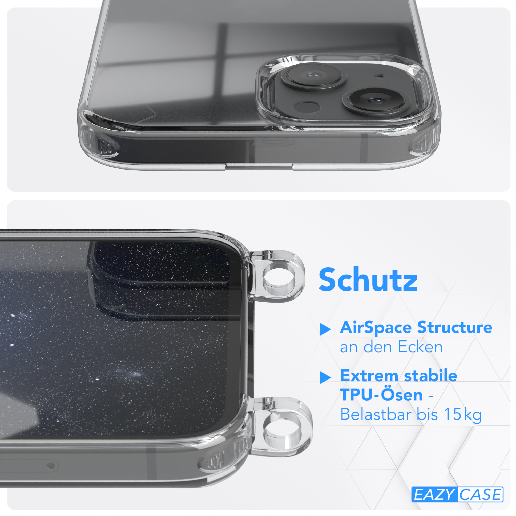 EAZY CASE 13, Karabiner, Transparente Handyhülle Kordel / + Gold Nachtblau mit runder Umhängetasche, iPhone Apple