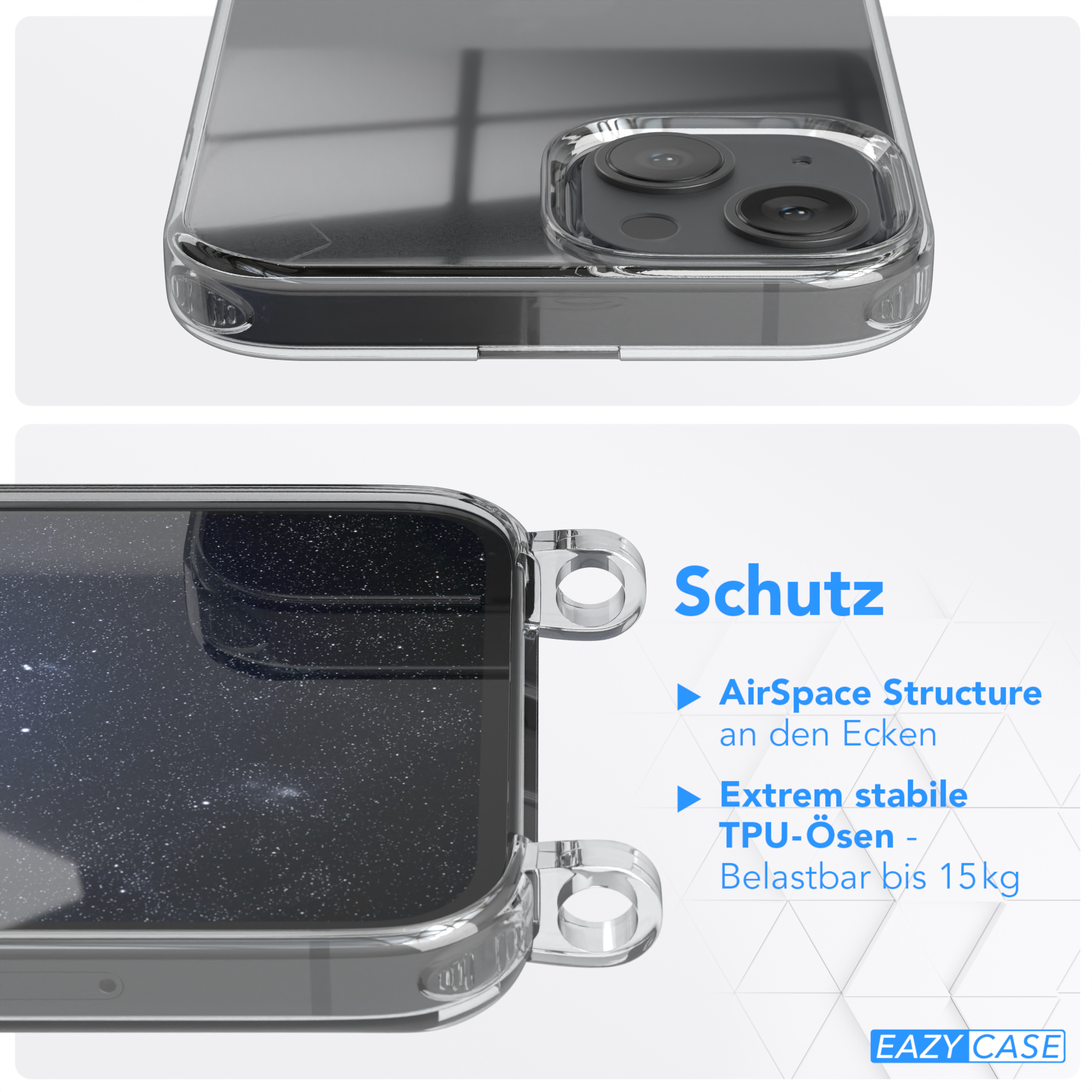 Transparente Handyhülle mit Telefon darin. Hülle hat verstärkte Ecken. EAZY CASE Logo unten.