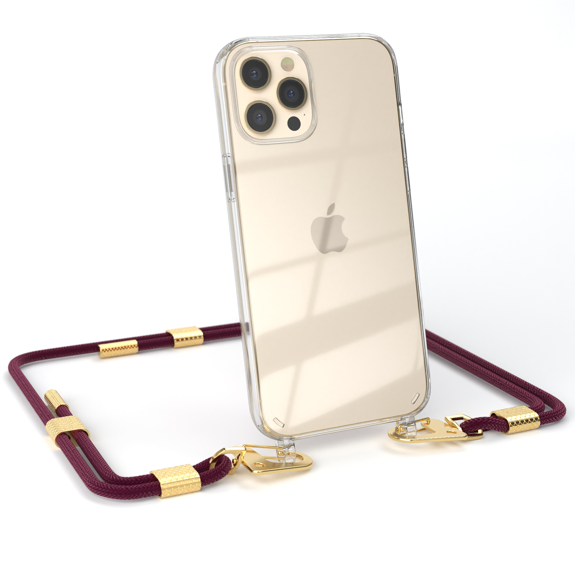 Pro + Umhängetasche, EAZY Kordel mit iPhone Karabiner, Bordeaux Transparente runder 12 / Max, Handyhülle Apple, CASE Gold