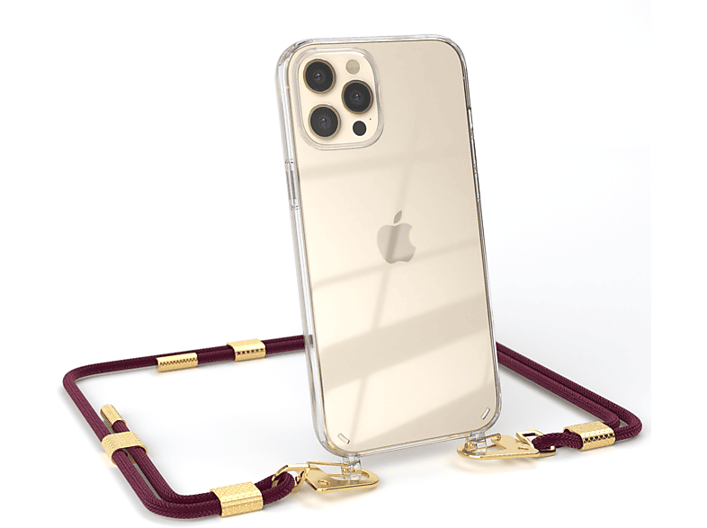 EAZY CASE Transparente Handyhülle mit runder Kordel + Karabiner, Umhängetasche, Apple, iPhone 12 Pro Max, Bordeaux / Gold