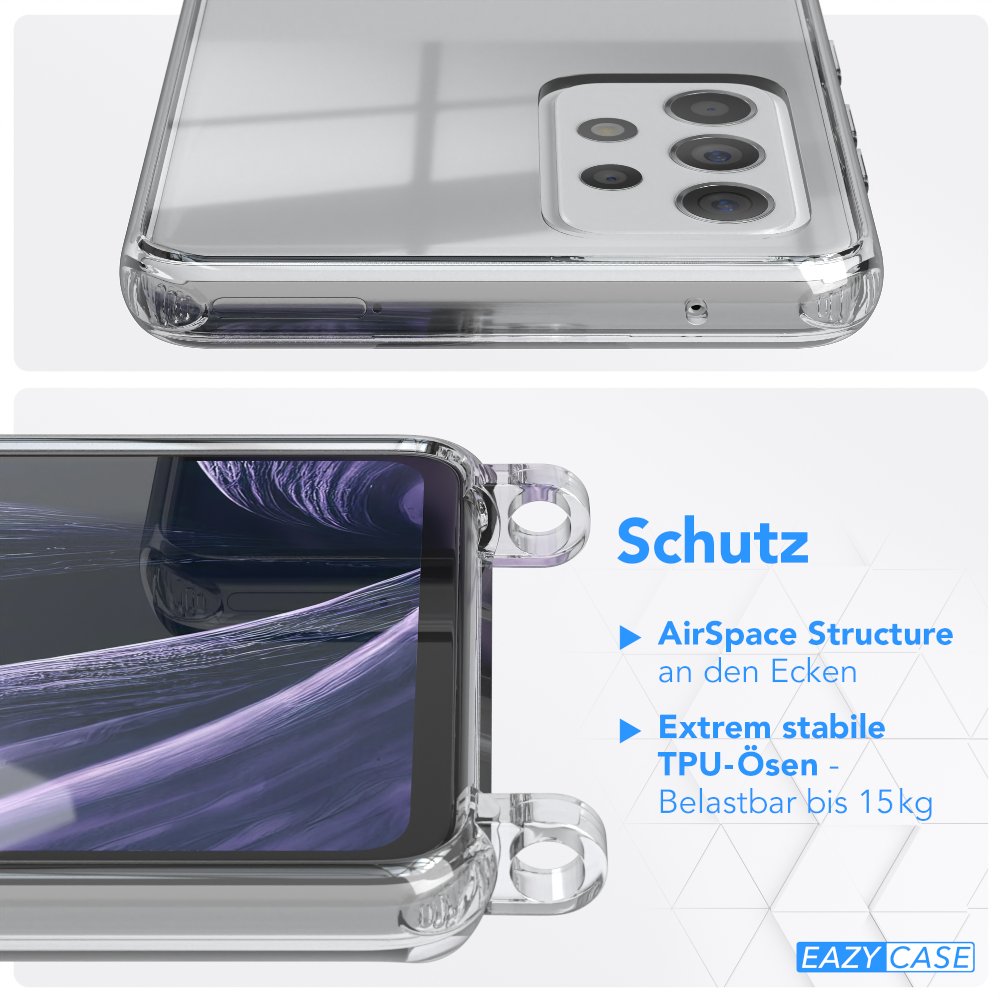 Klare Handyhülle auf einem Telefon. Text: Schutz, AirSpace Structure, Extrem stabile TPU-Ösen und EAZY CASE Logo.