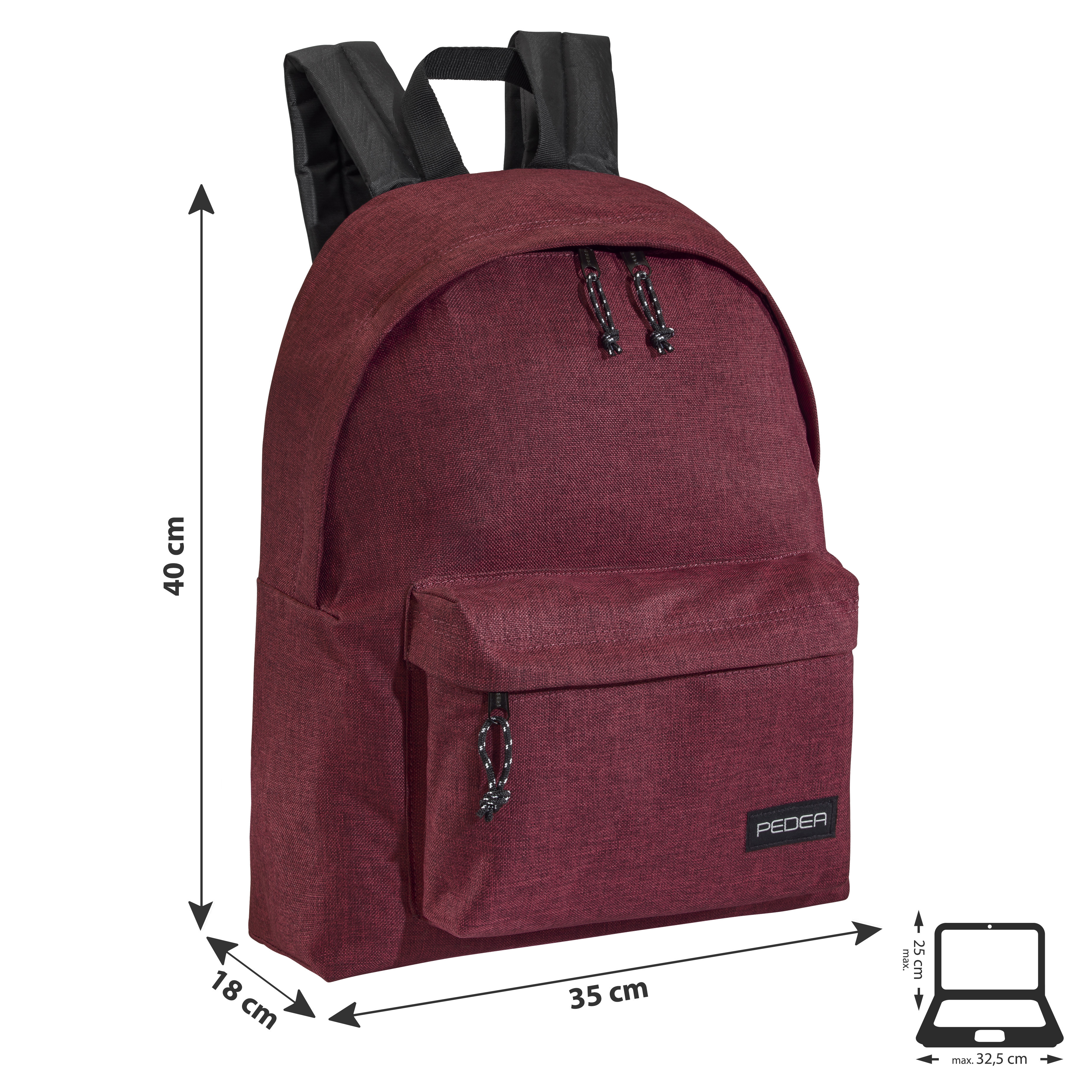 Burgunderfarbener Rucksack mit Maßen und Laptop-Icon zum Vergleich.