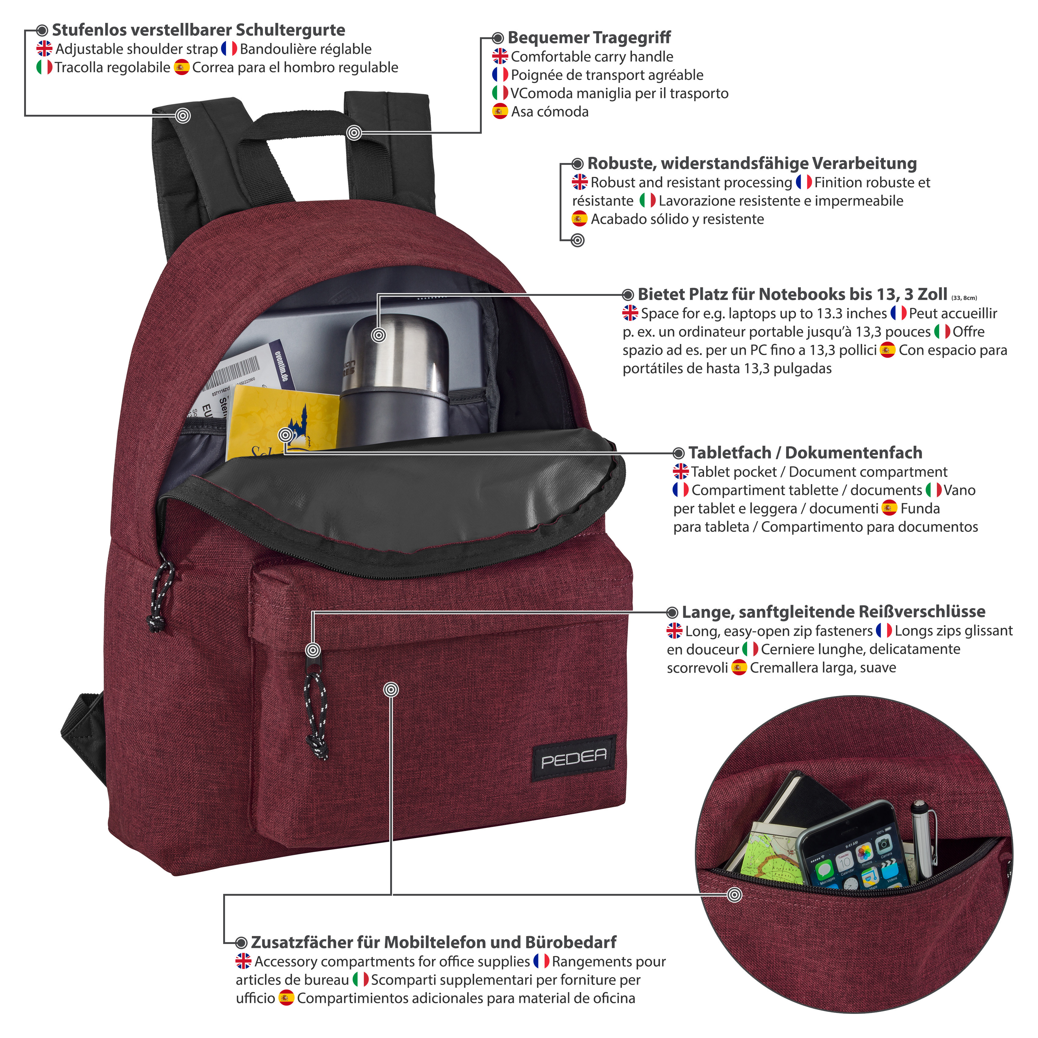 Ein Rucksack mit vielen Fächern. Texte heben Eigenschaften hervor: verstellbare Träger, mehrere Taschen und Laptopfach.