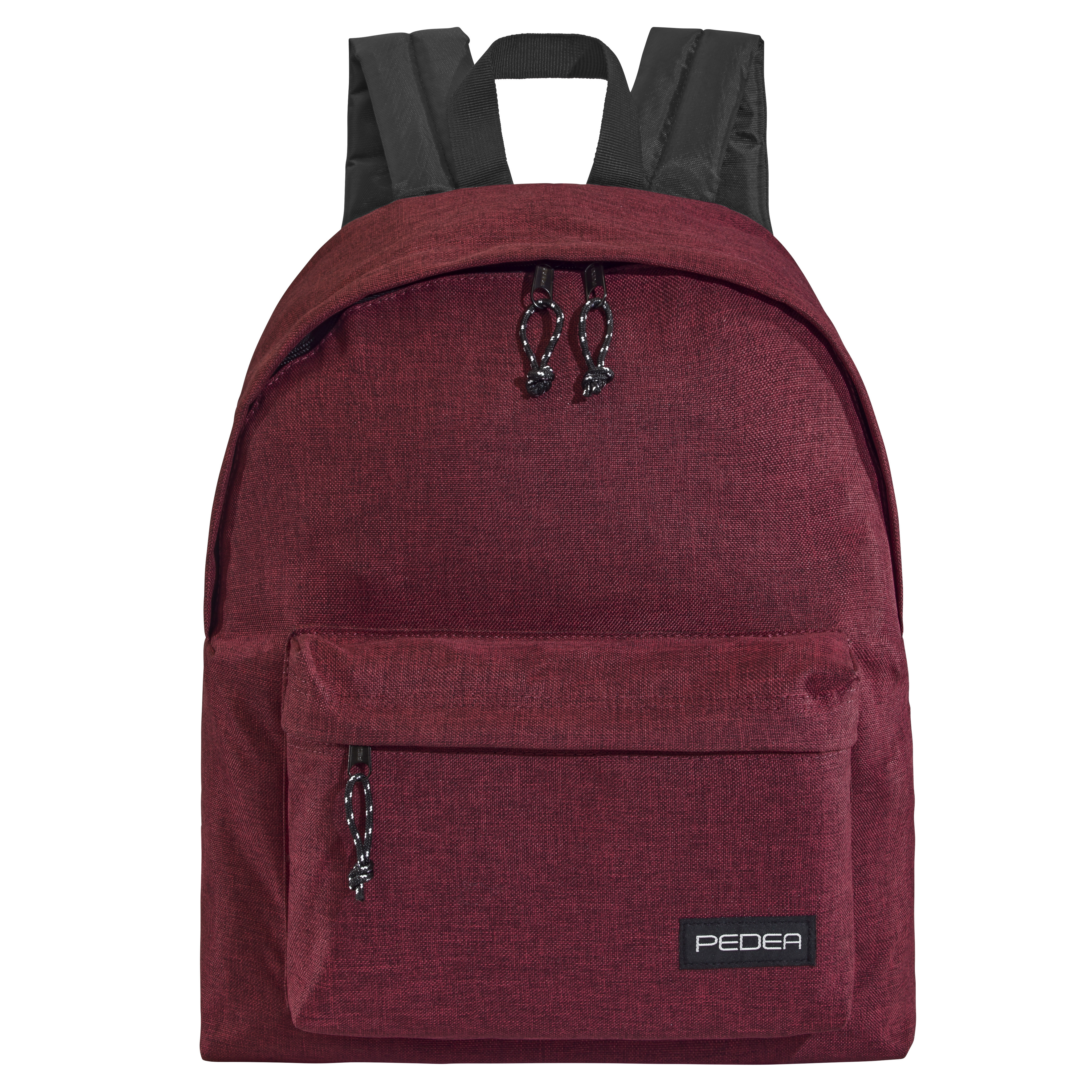 Roter Rucksack mit Vordertasche und schwarzen Schultergurten.