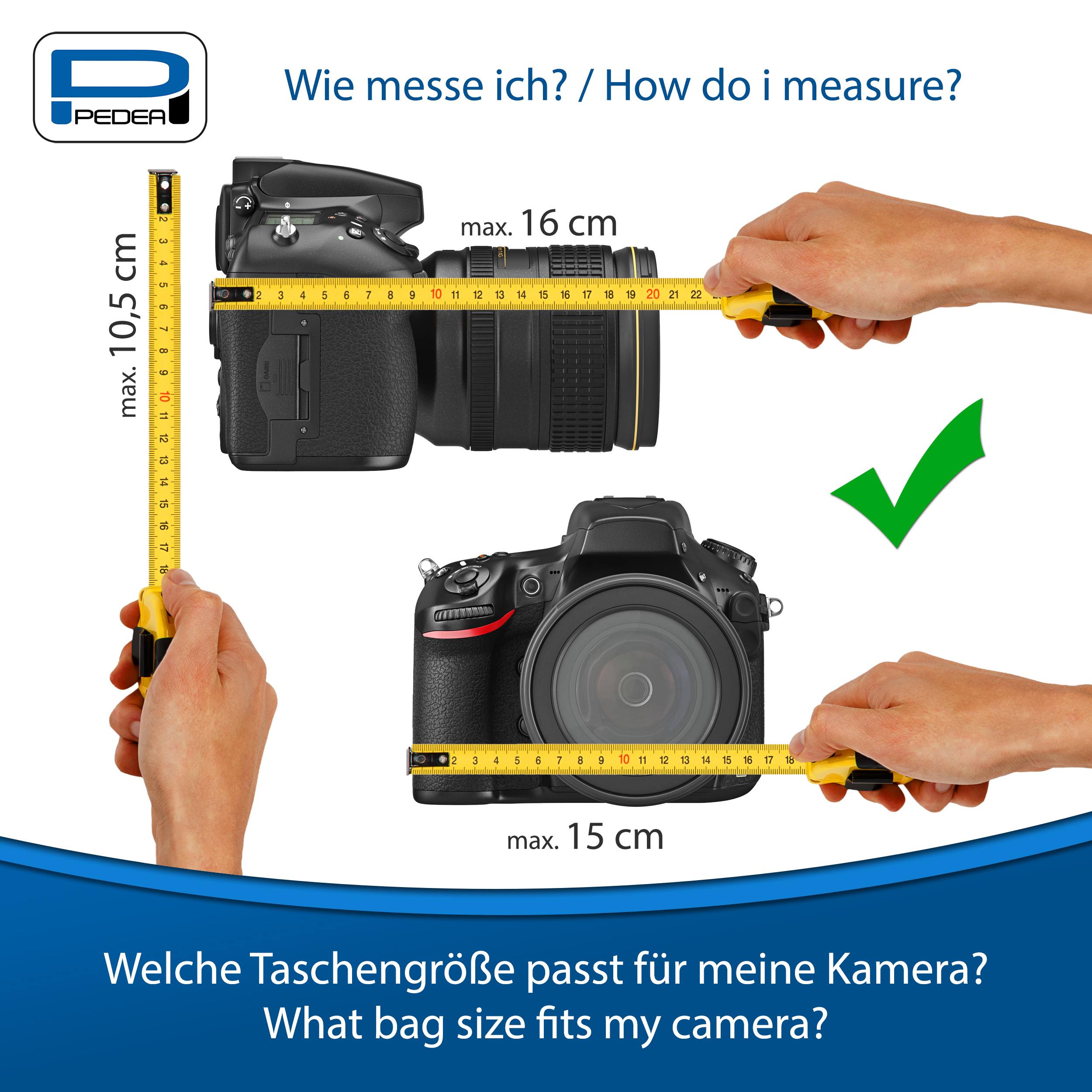 Kameramessungen mit einem Maßband. Max. 16 cm und 15 cm. Frage: Welche Taschengröße passt zu meiner Kamera?