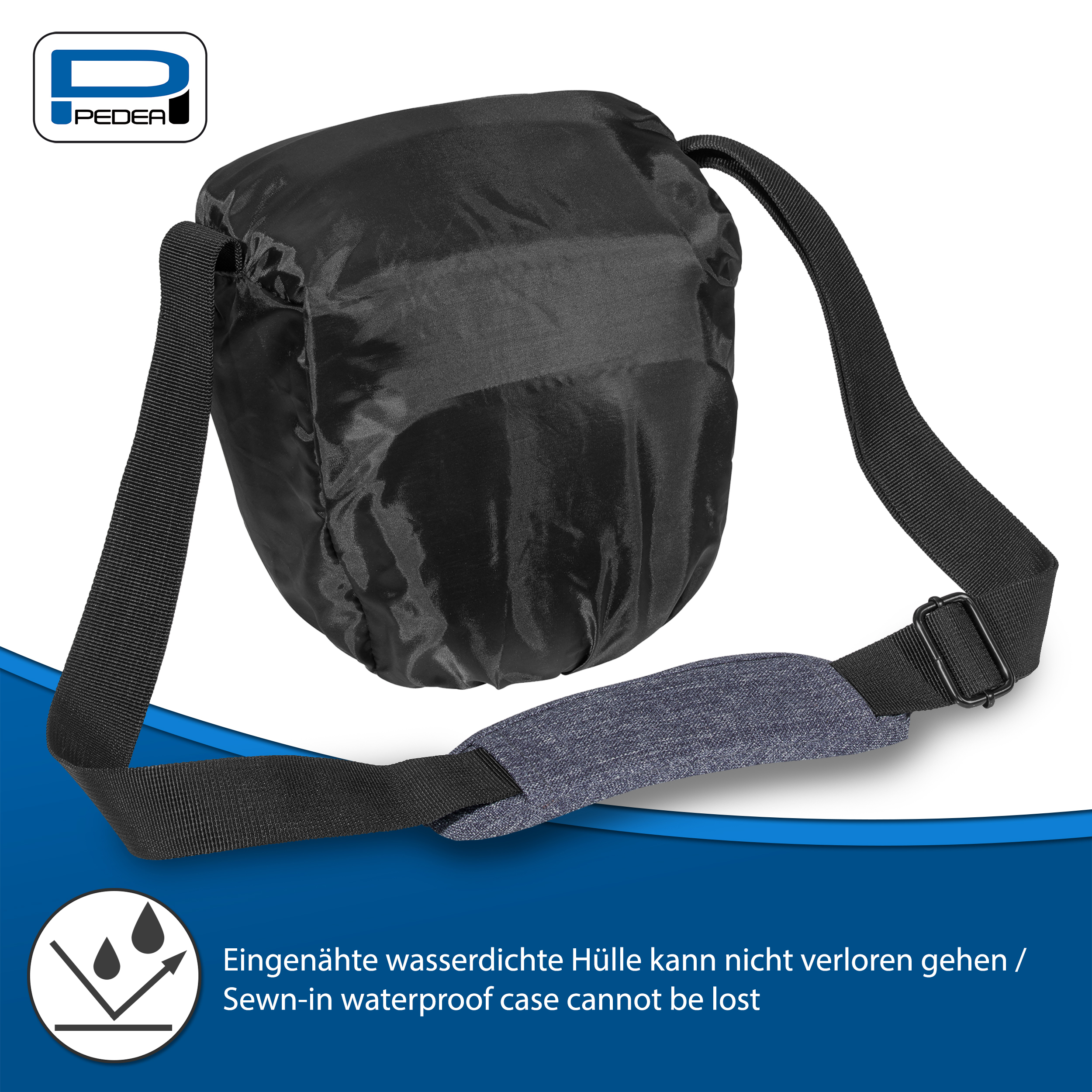 Schwarze Tasche mit Schulterriemen. Weißes Logo oben links. Die Tasche liegt auf weißem Untergrund.