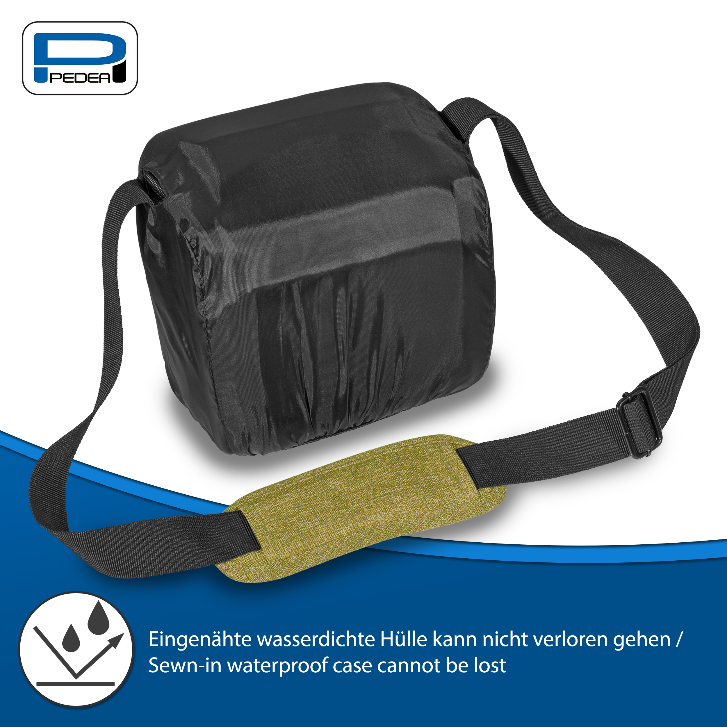 Schwarze Tasche mit Schulterriemen und wasserdichtem Etui. Text: Wasserdichtes Etui.