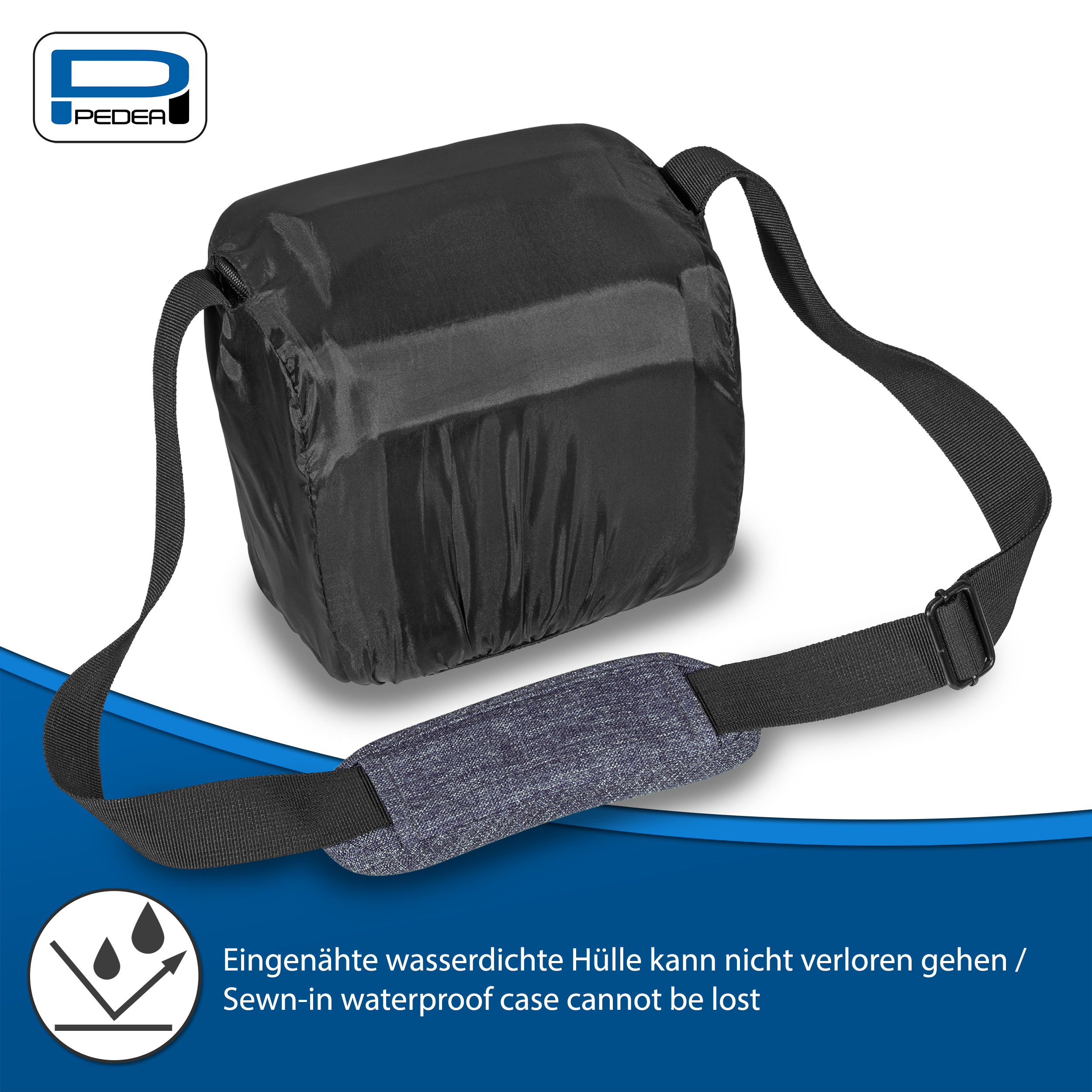 Schwarze Tasche mit Schulterriemen und gepolstertem Bereich. Text über wasserdichten.