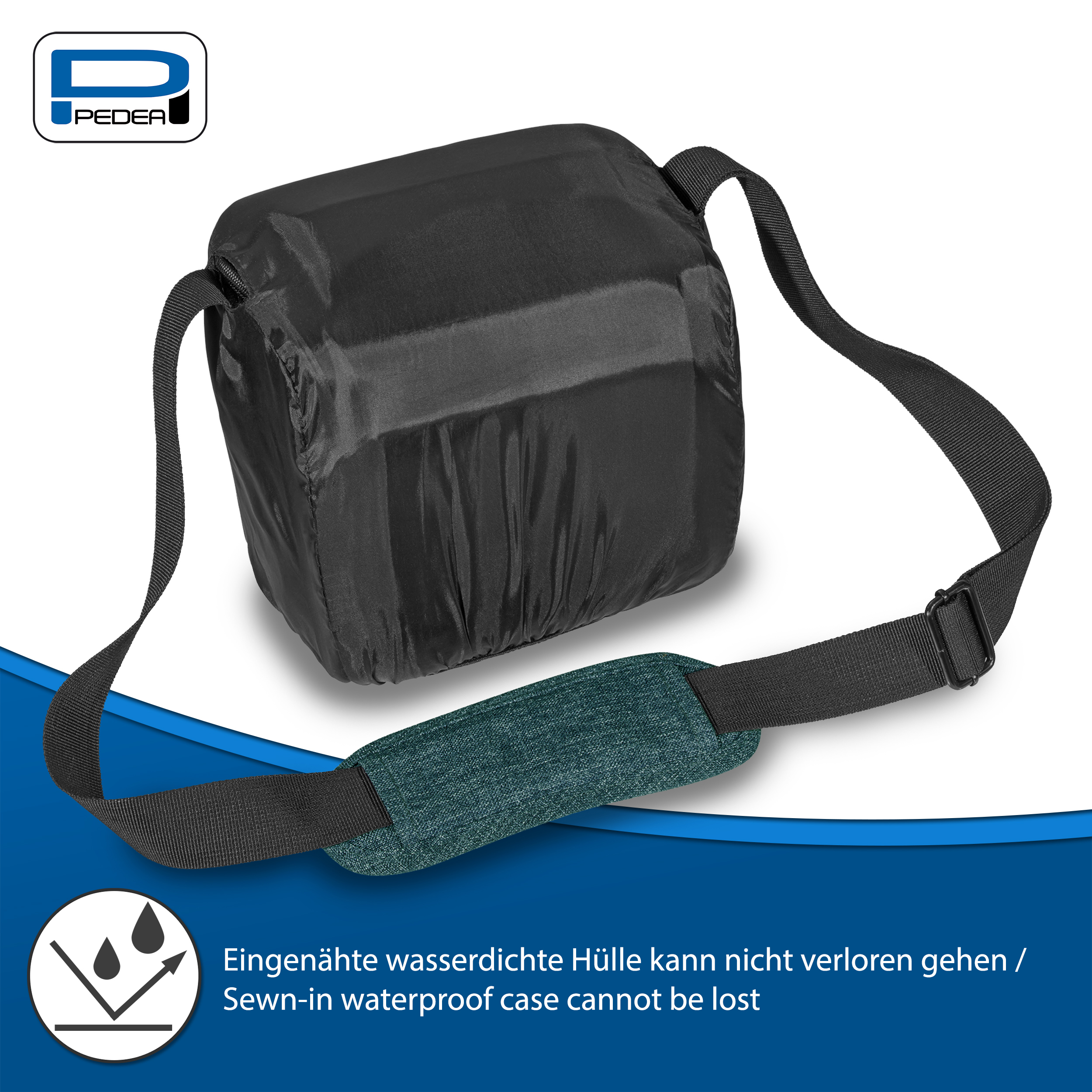 Eine schwarze Tasche mit Schultergurt, ein grünes Schulterpolster, das Logo 'PEDEA' ist sichtbar.