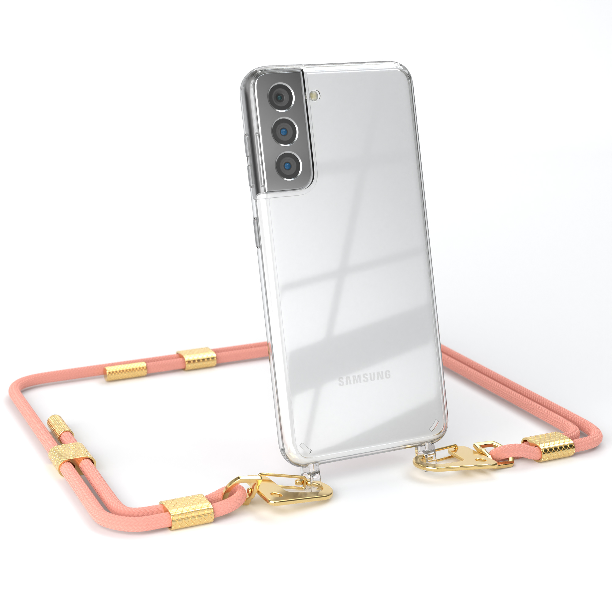 Transparente Handyhülle mit rosa Umhängeband. Goldakzente.