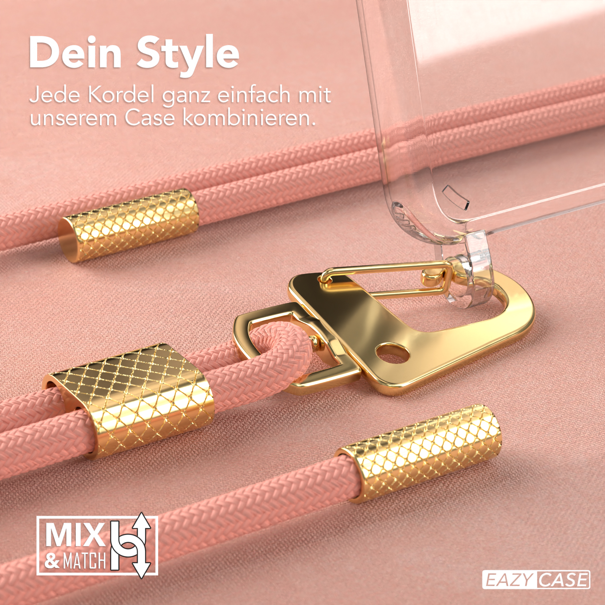 Nahaufnahme einer rosa Telefonschnur mit goldenen Akzenten und einer durchsichtigen Handyhülle.