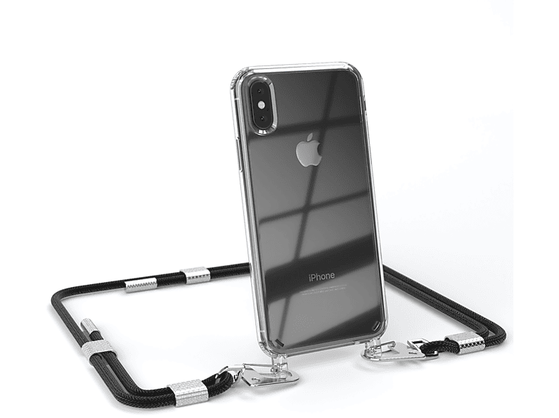 EAZY CASE Transparente Handyhülle mit runder Kordel + Karabiner, Umhängetasche, Apple, iPhone X / XS, Schwarz / Silber
