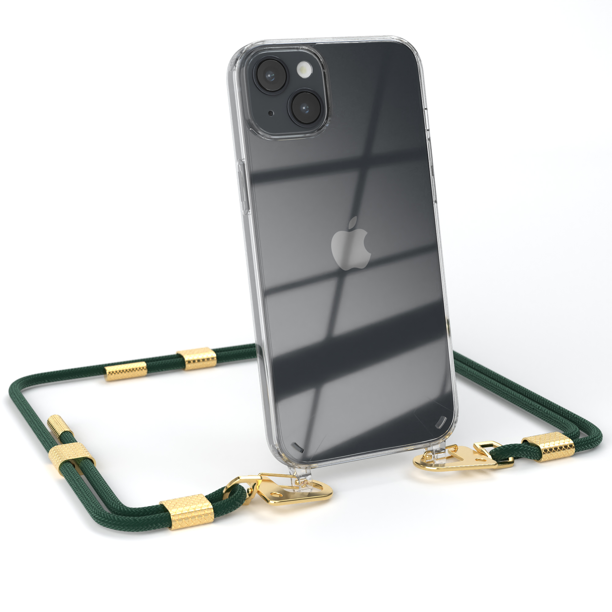 iPhone mit klarer Hülle und grünem Riemen. Es hat goldene Details.