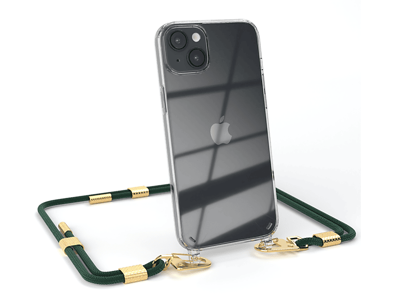 EAZY CASE Transparente Handyhülle mit Nachtgrün Plus, runder Kordel iPhone 14 / + Gold Umhängetasche, Apple, Karabiner