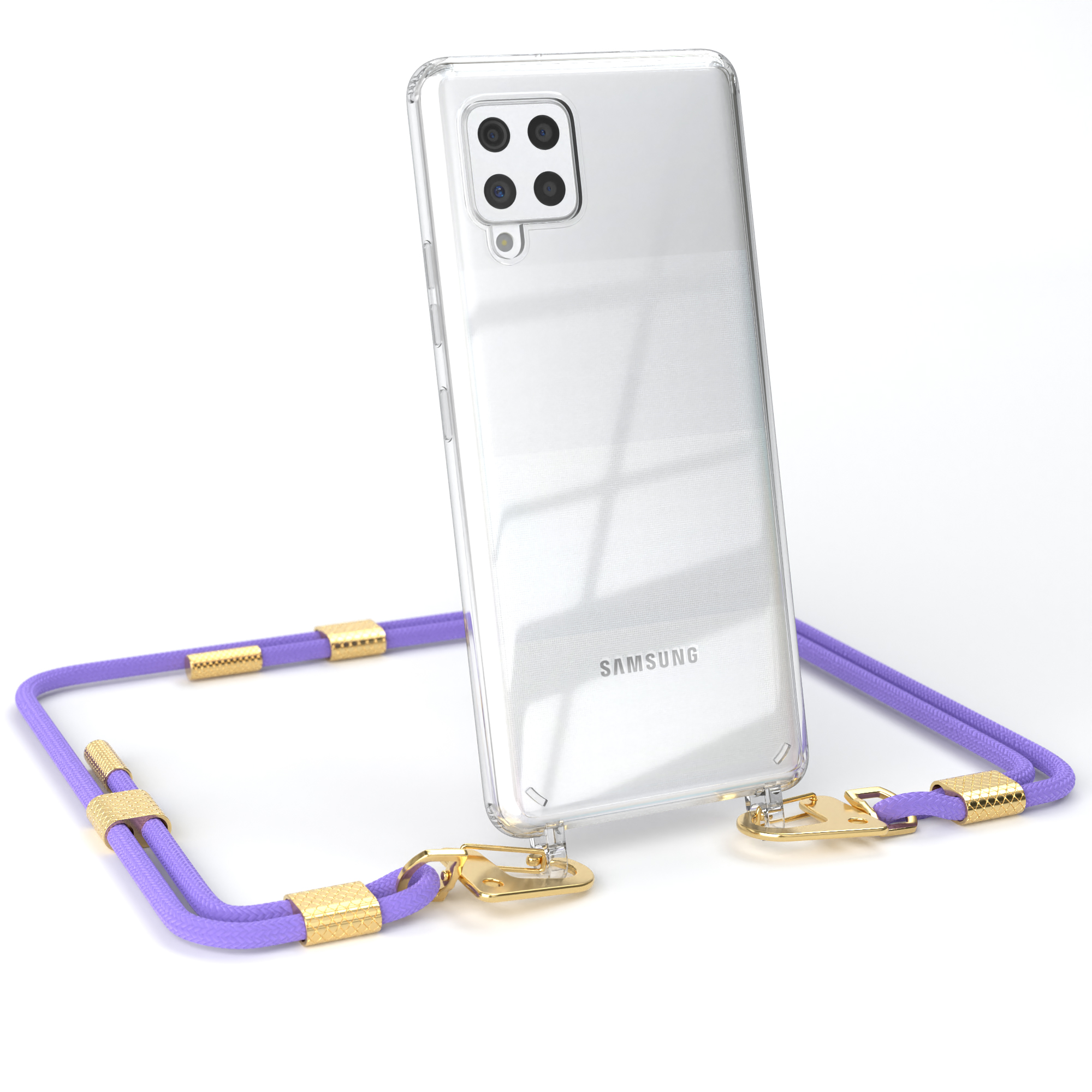 Transparente Handyhülle mit lila Riemen, goldenen Details und einem Samsung-Handy. Weißer Hintergrund.