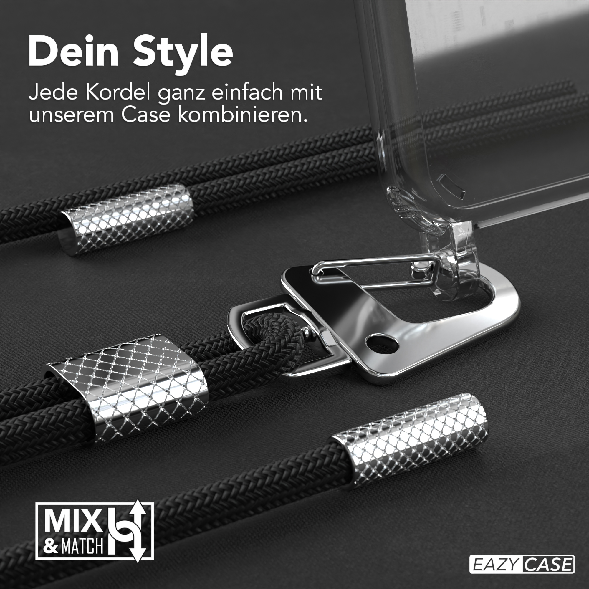 Schwarze Telefonkordeln mit silbernen Akzenten und eine klare Handyhülle, auf dunkler Oberfläche.