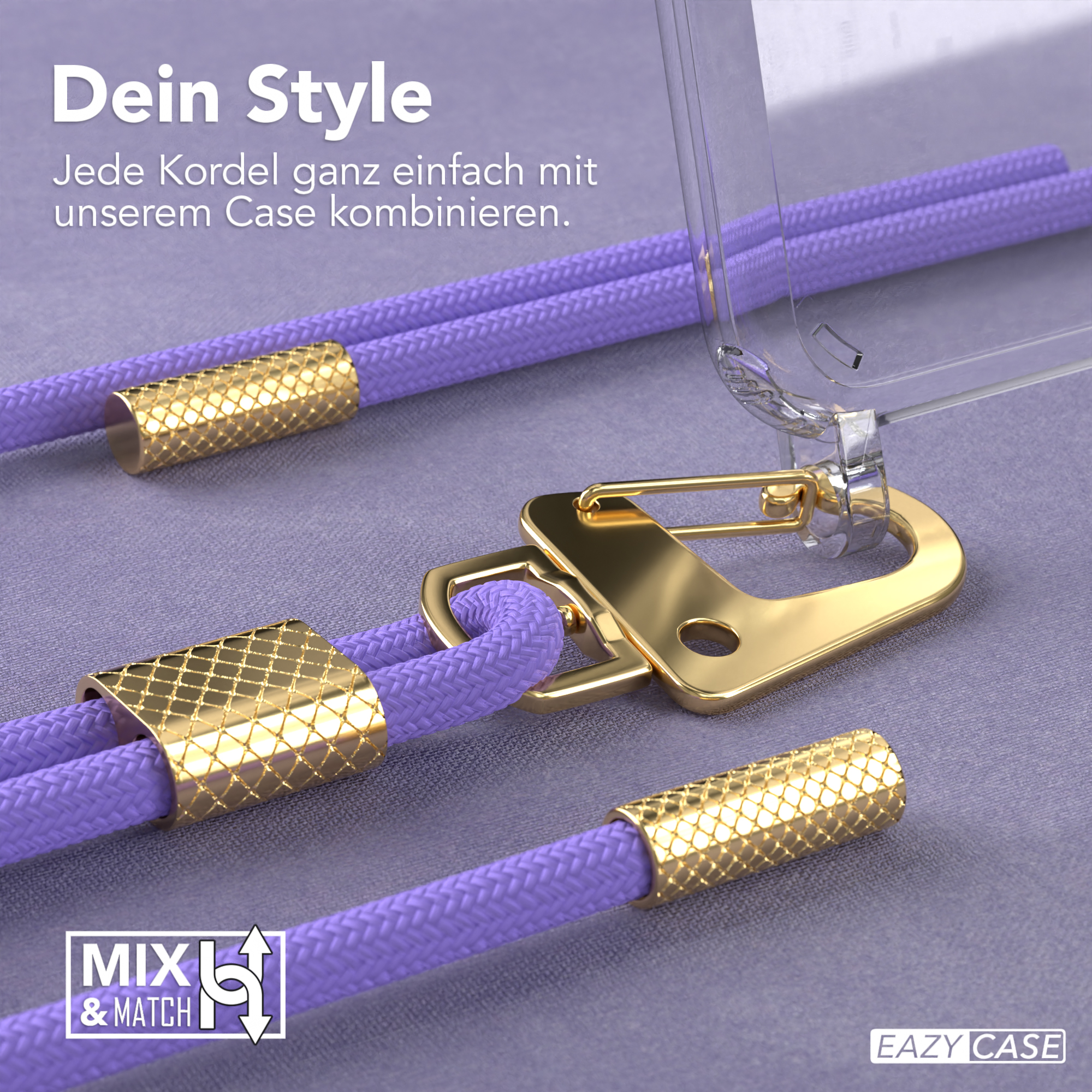 Nahaufnahme einer Handyhülle mit goldenen Akzenten, lila Kordel. Die Kordel hat goldene Akzente. Lila Hintergrund.