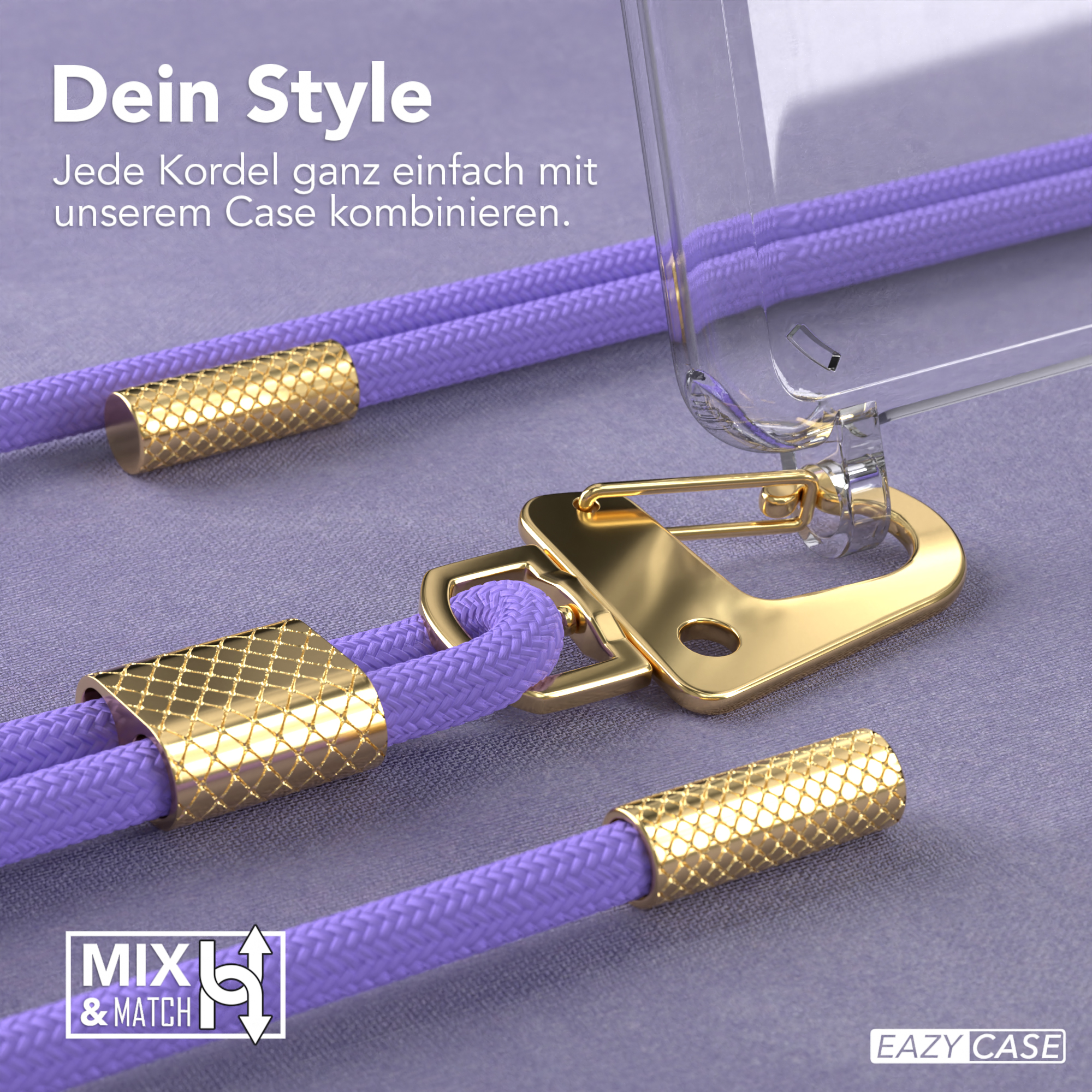 Lila Telefonschnur mit goldenen Akzenten und eine Handyhülle.