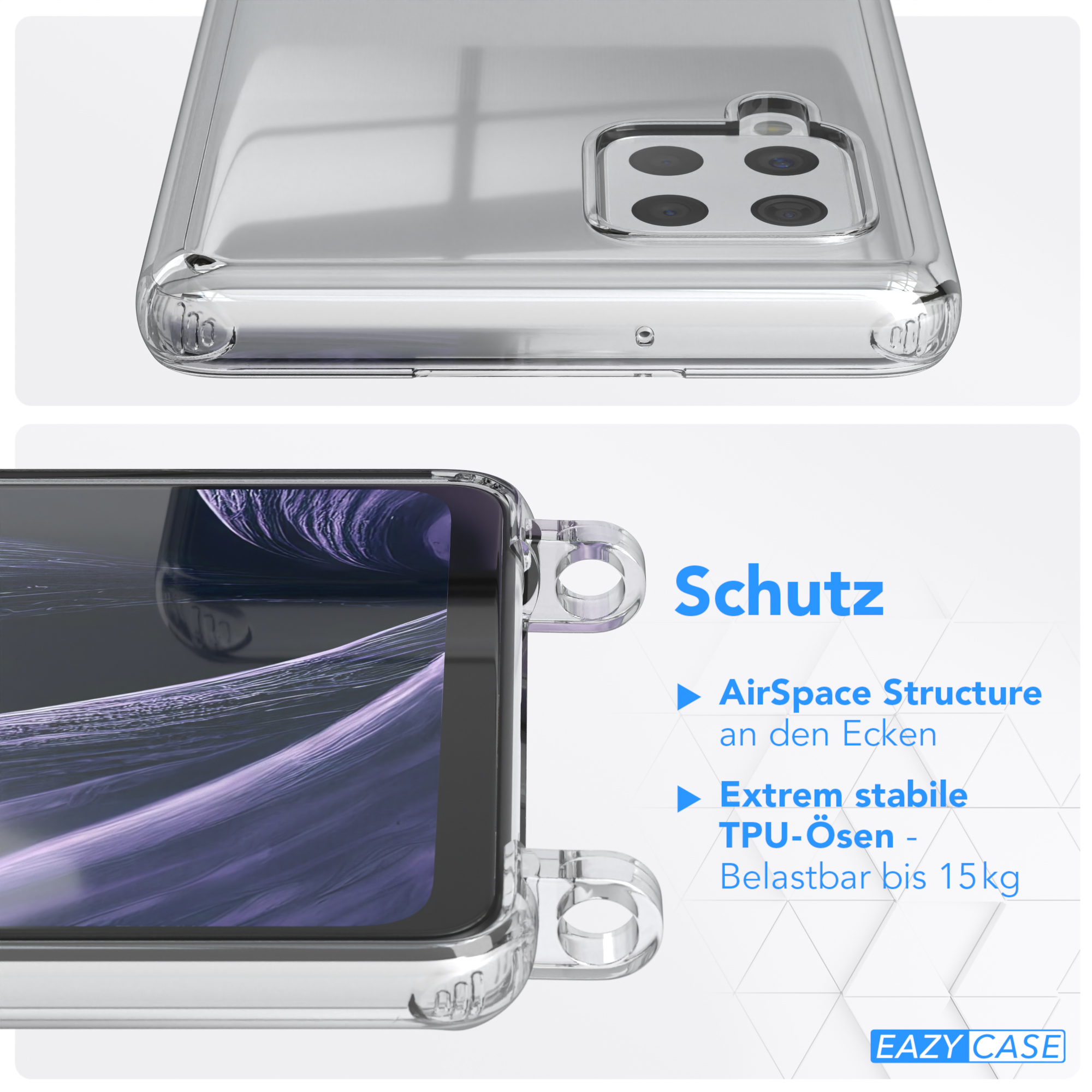 Transparente Handyhülle mit Telefonmerkmalen. Text: AirSpace Structure und TPU-Ösen.