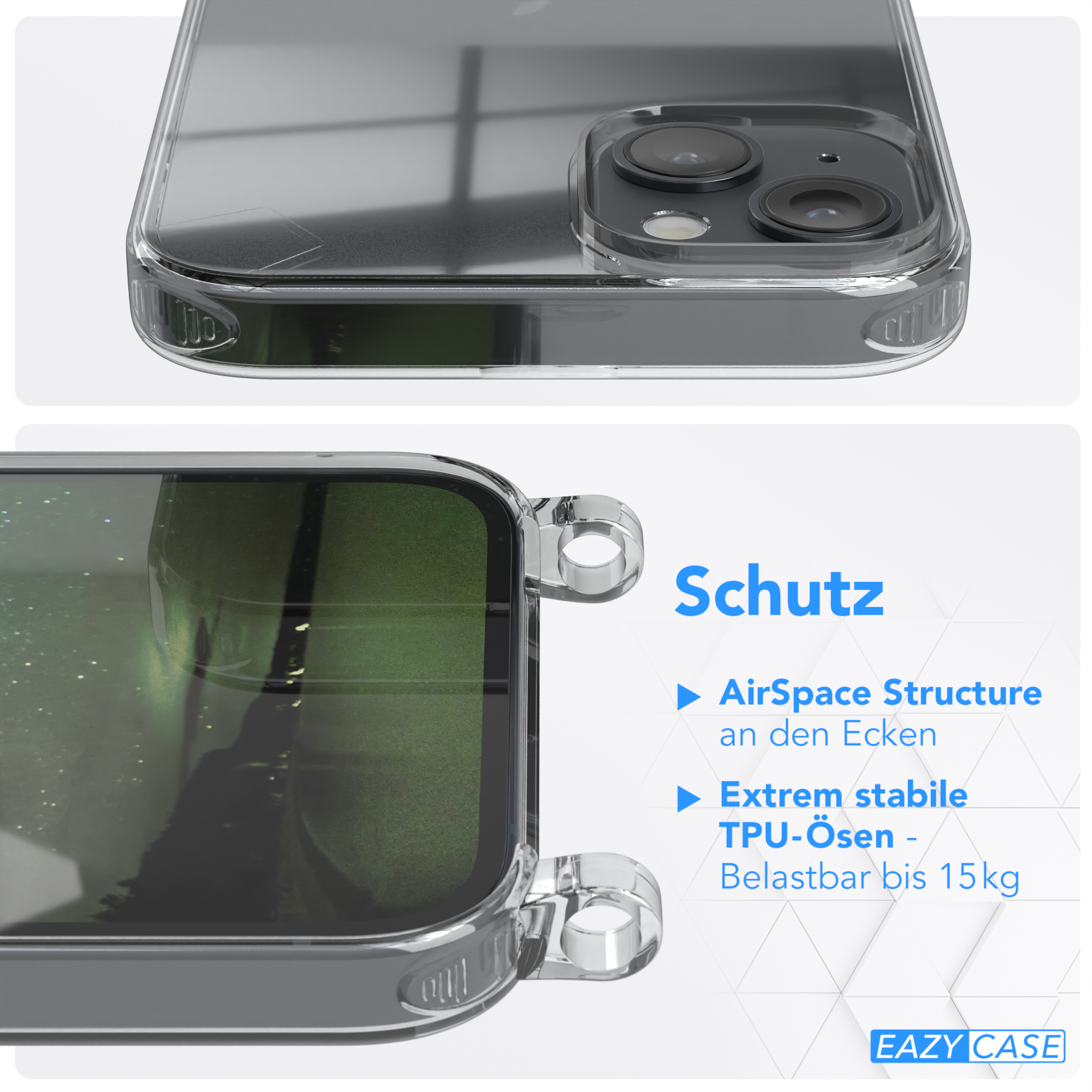 Kordel EAZY Apple, runder iPhone Karabiner, Plus, CASE Transparente Nachtgrün / Gold Handyhülle Umhängetasche, mit 14 +