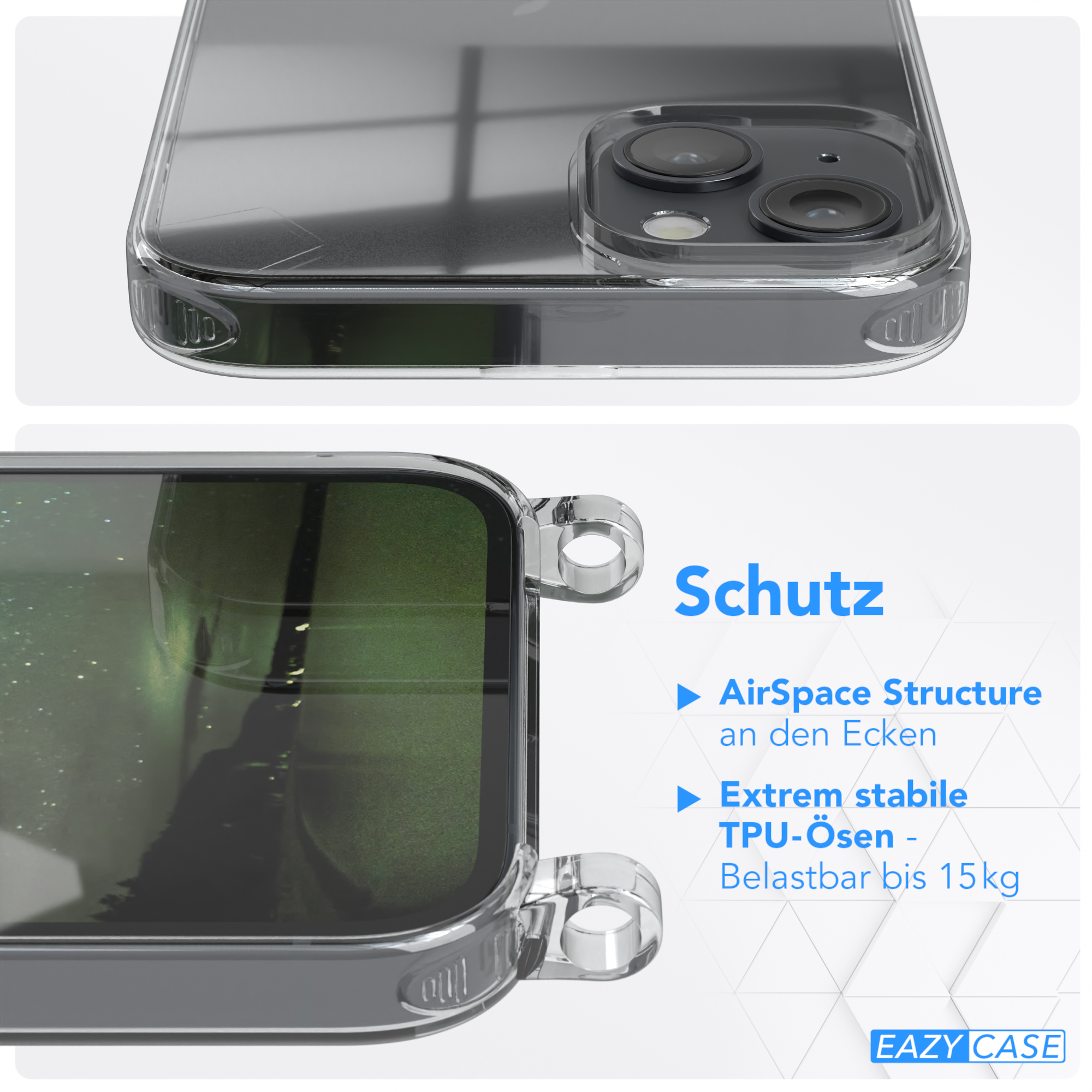 Eine transparente Handyhülle, die die Ränder des Telefons zeigt, mit Text über Schutz und Luftraumstruktur.