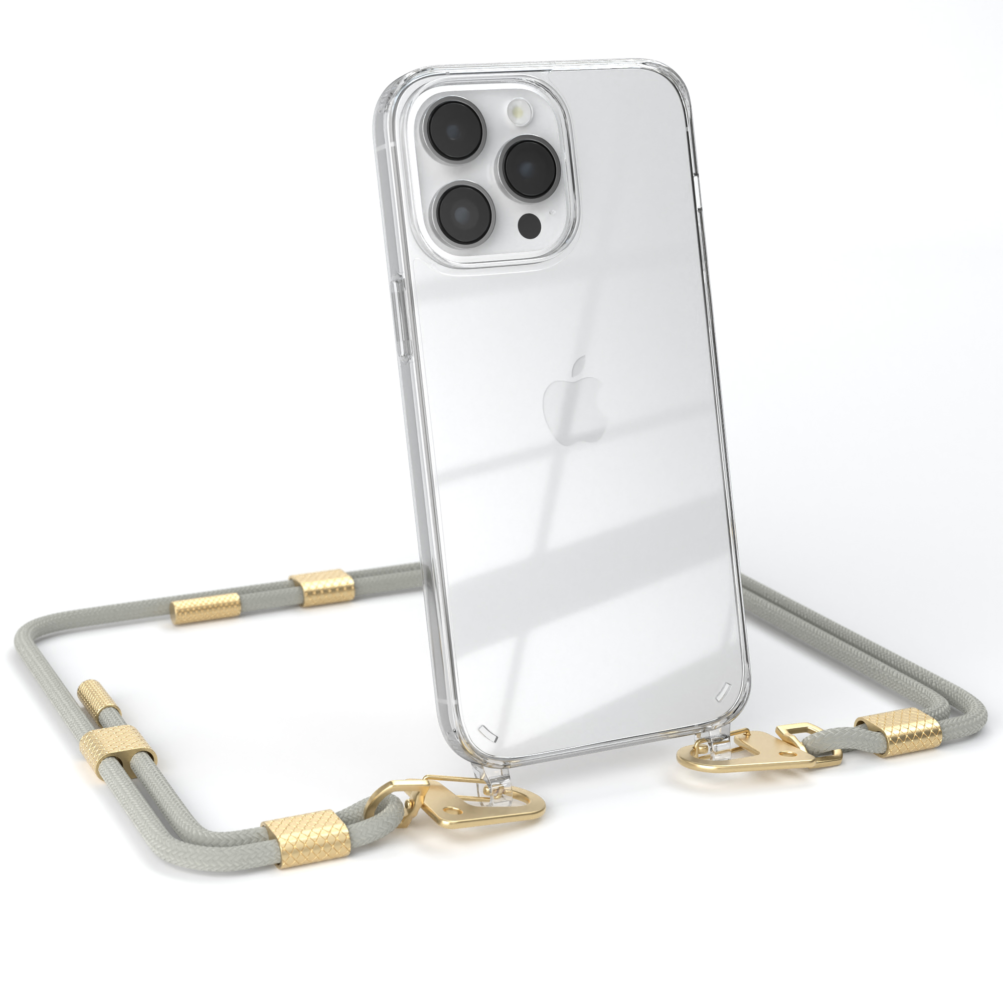 Eine transparente Handyhülle mit grauer Kordelkette und goldfarbenen Anhängern.