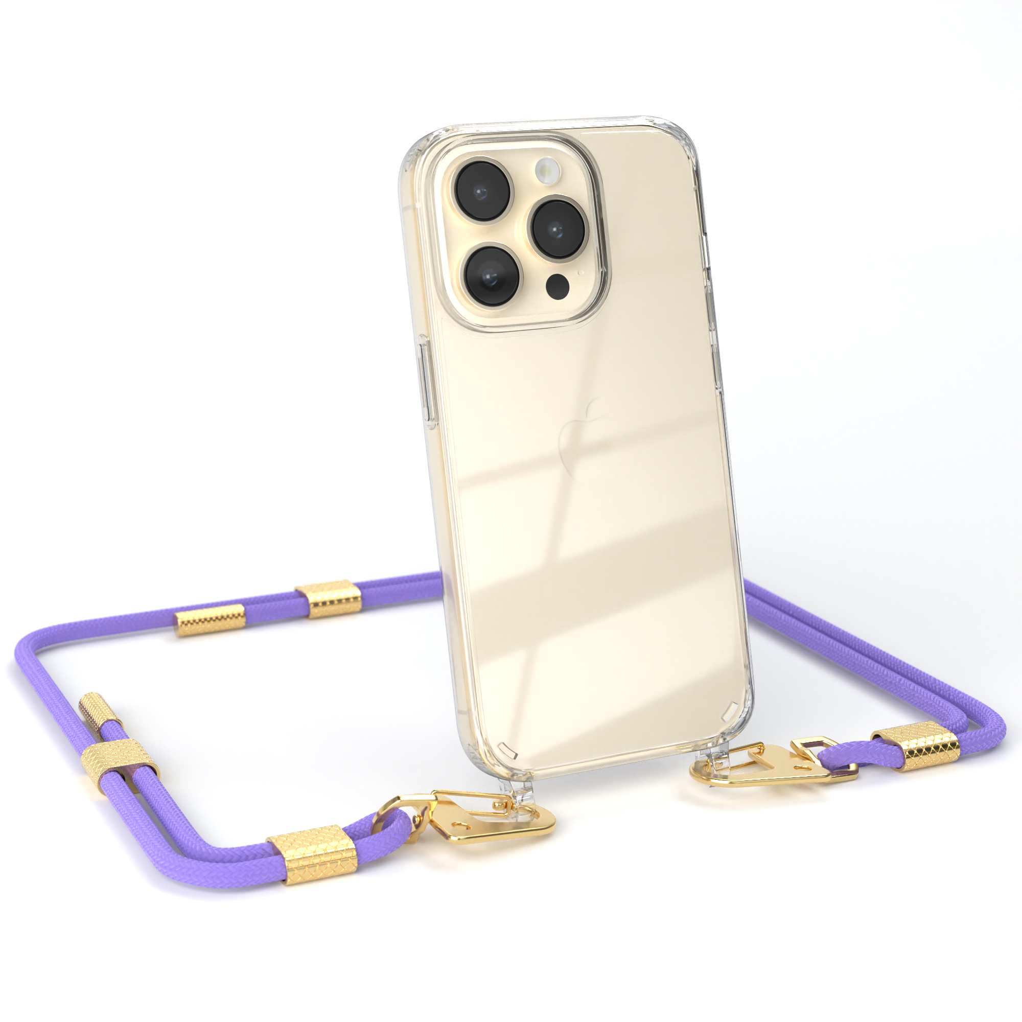 EAZY CASE Transparente Handyhülle mit + Umhängetasche, iPhone Pro, Flieder Apple, Gold 14 Lila Karabiner, Kordel runder 