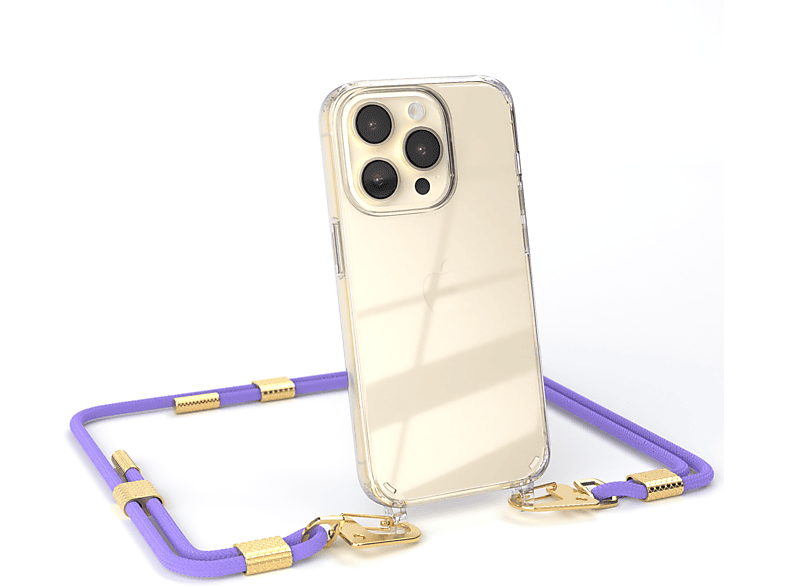 EAZY CASE Transparente Handyhülle mit + Umhängetasche, iPhone Pro, Flieder Apple, Gold 14 Lila Karabiner, Kordel runder 