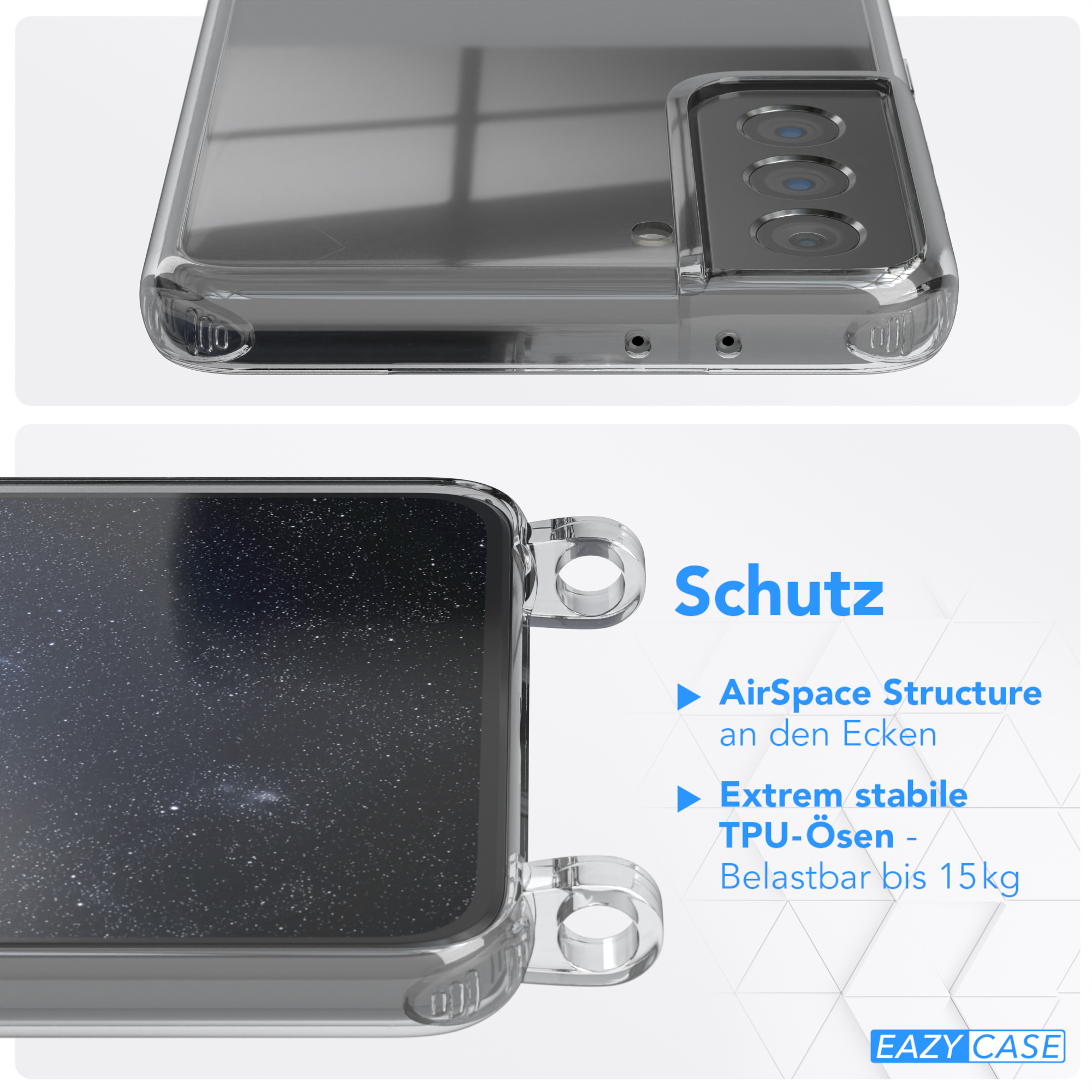 EAZY CASE Transparente Handyhülle mit / 5G, Kordel Karabiner, Gold Umhängetasche, Galaxy Plus Samsung, Nachtblau runder + S21