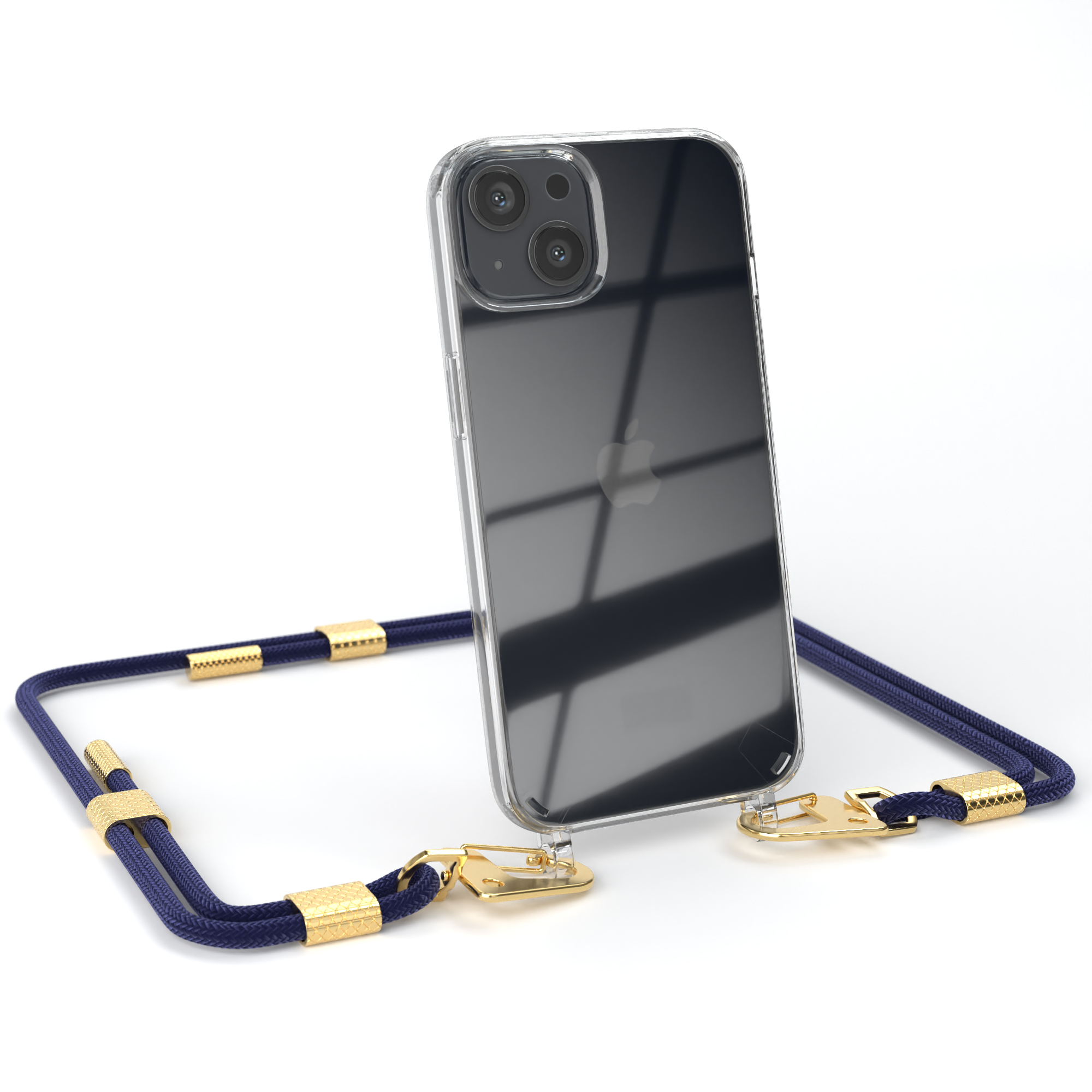 Dunkelblaues Telefon mit blauem Riemen. Goldakzente befinden sich am Riemen. Das Telefon ist transparent.