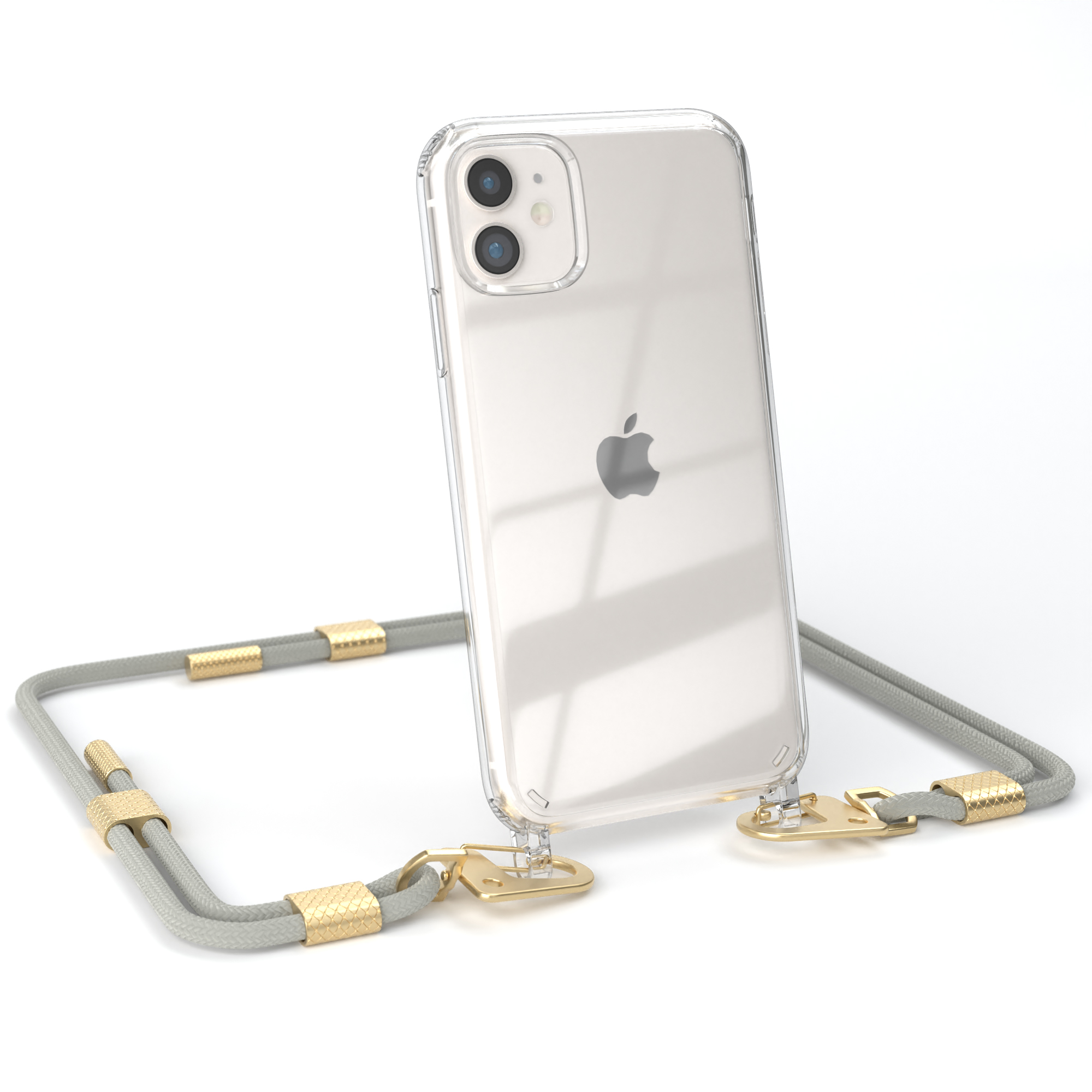 Transparente Handyhülle mit Telefon und grauer Kordelkette mit goldenen Details.