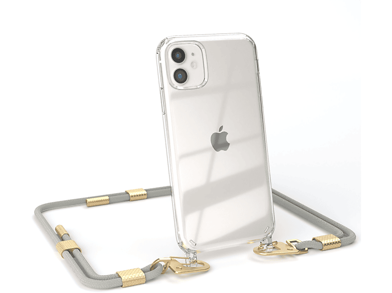 11, / mit Kordel Matt EAZY Karabiner, runder Handyhülle Taupe + Gold Transparente Umhängetasche, Apple, iPhone CASE Beige