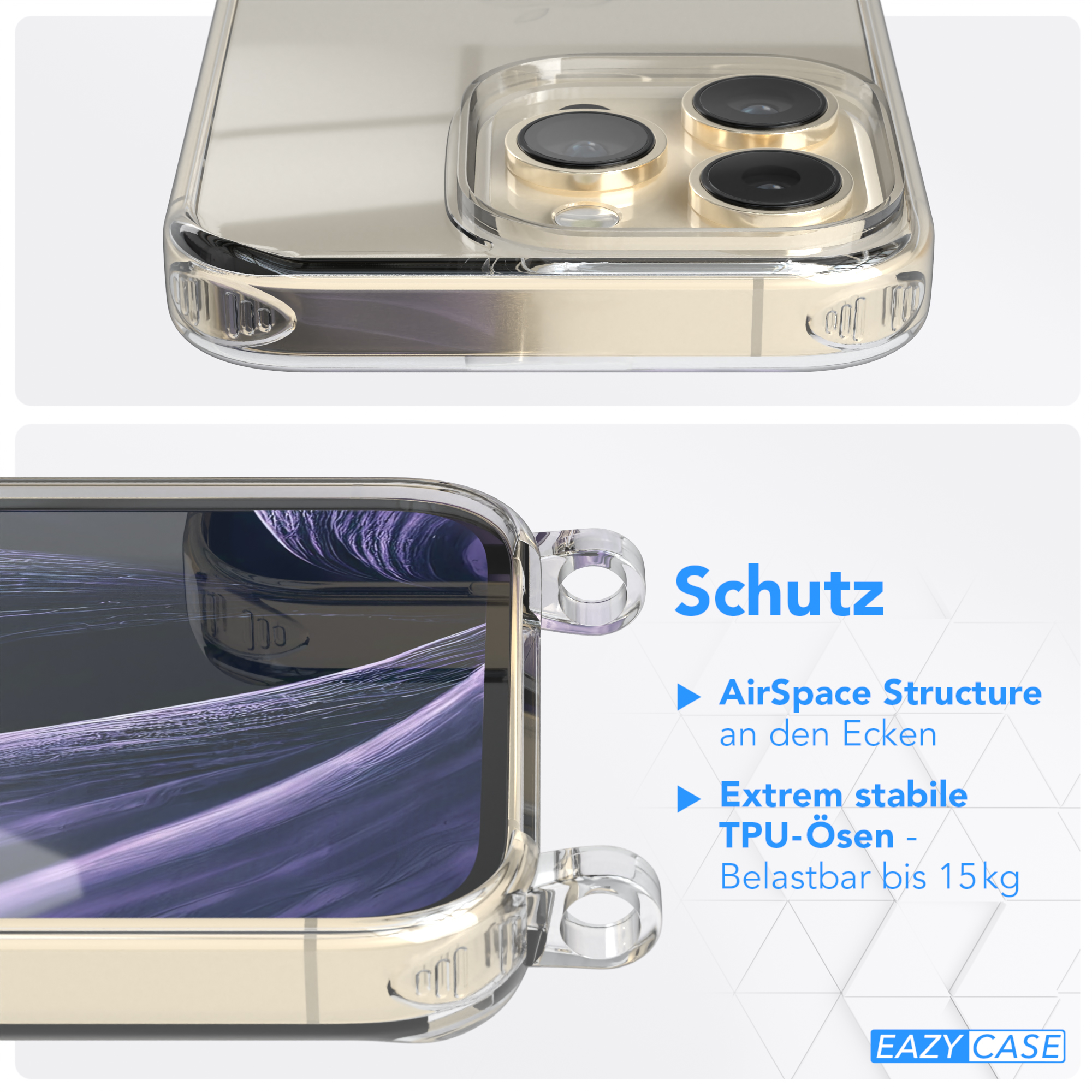 Transparente Handyhülle auf einem Telefon. Text: 'AirSpace Structure' und 'TPU-Ösen'.