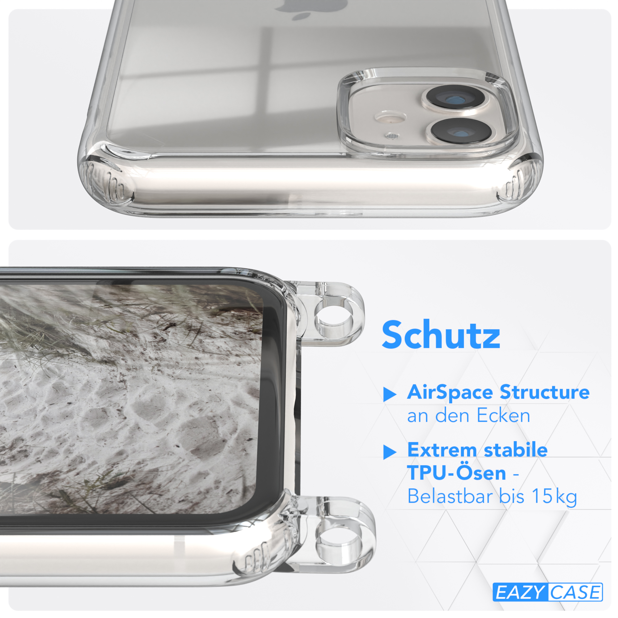 EAZY Apple, Matt 11, iPhone Taupe Beige + / Transparente CASE Gold mit runder Umhängetasche, Handyhülle Kordel Karabiner,