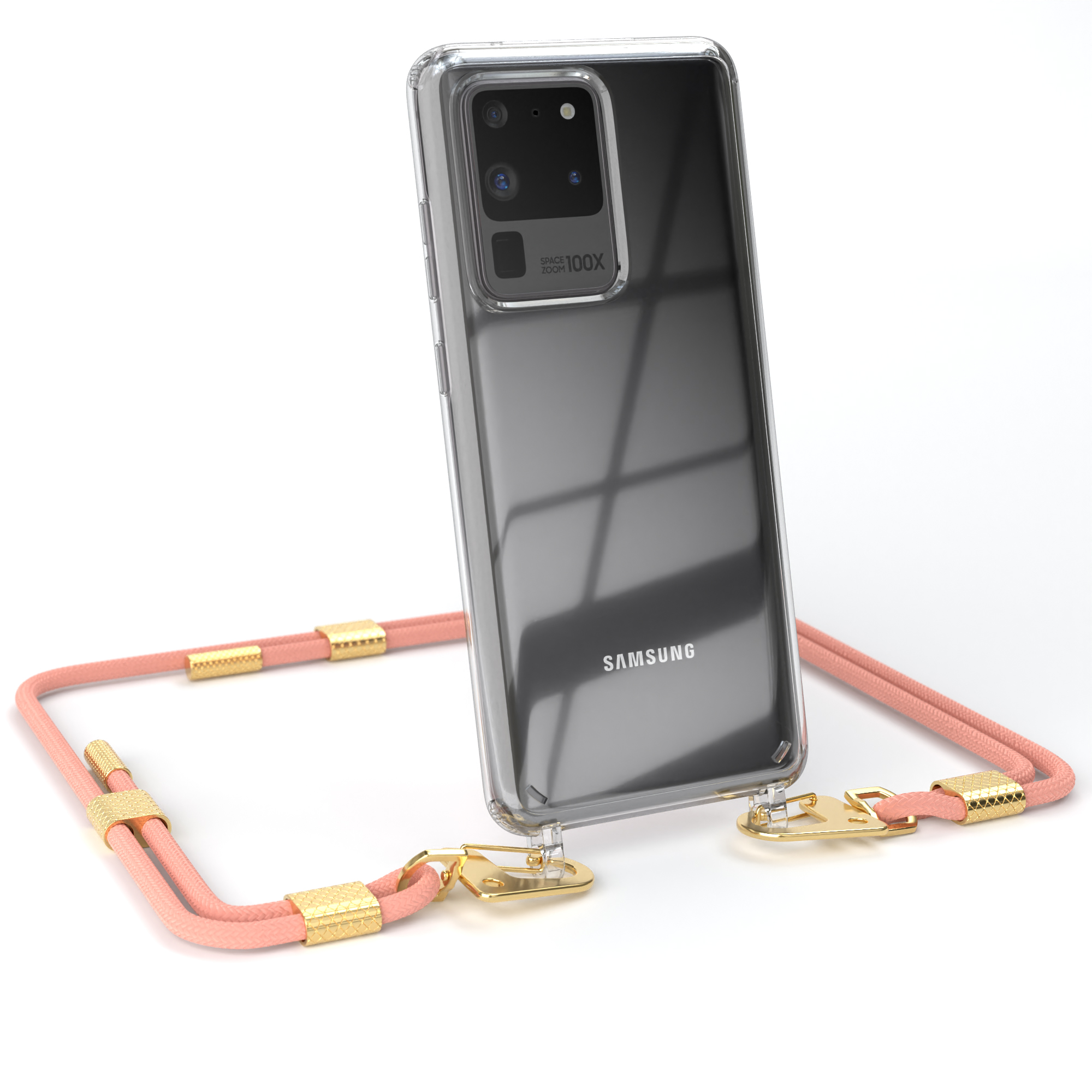 Transparente Handyhülle mit pinkfarbenem Lanyard. Zeigt Dreifachkameras und Samsung-Logo.