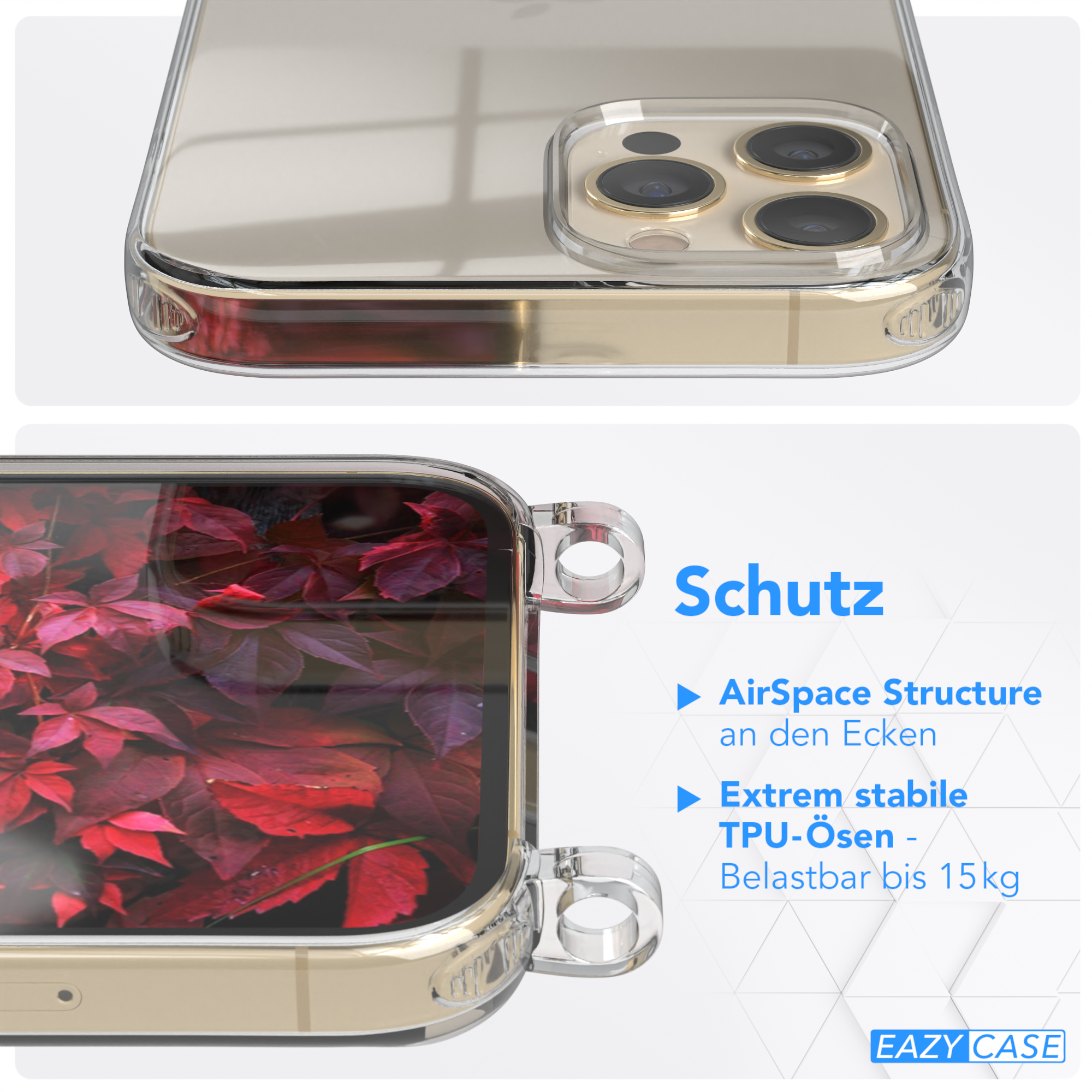 Pro + Umhängetasche, EAZY Kordel mit iPhone Karabiner, Bordeaux Transparente runder 12 / Max, Handyhülle Apple, CASE Gold