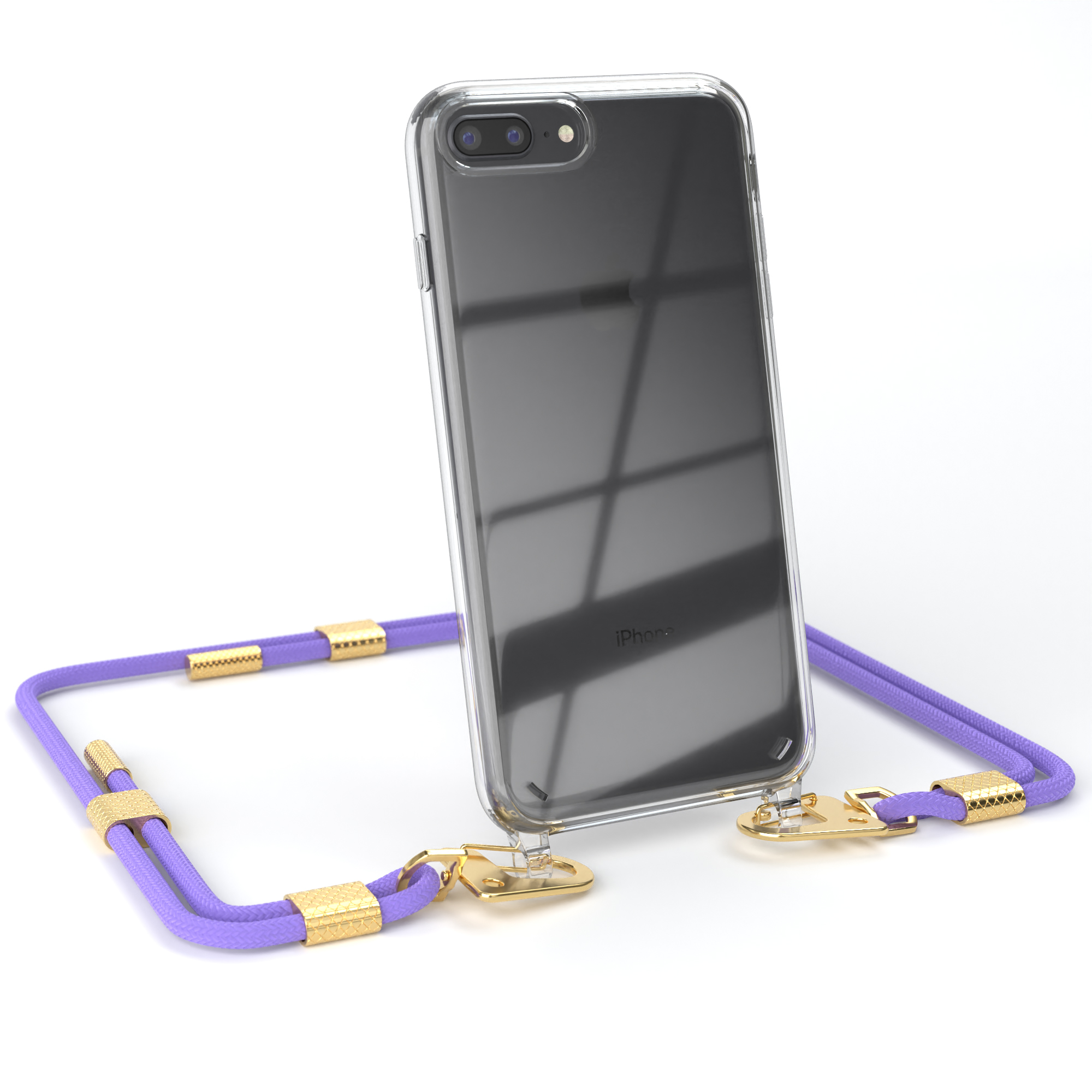 EAZY CASE Transparente Handyhülle mit 7 iPhone Plus / / + 8 Plus, Flieder Karabiner, Lila Apple, Umhängetasche, Gold runder Kordel