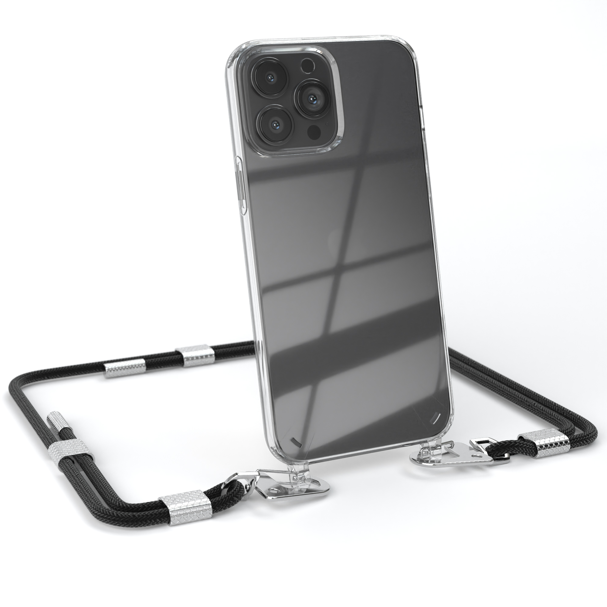 Transparente Handyhülle mit schwarzem Umhängeband. Telefon ist in der Hülle. Weißer Hintergrund.