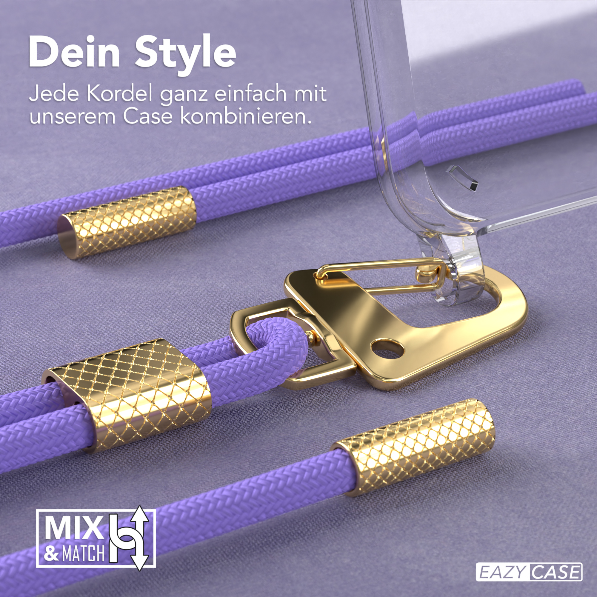 Klare Handyhülle mit lila Kordel. Goldakzente. Text: Mix and Match.