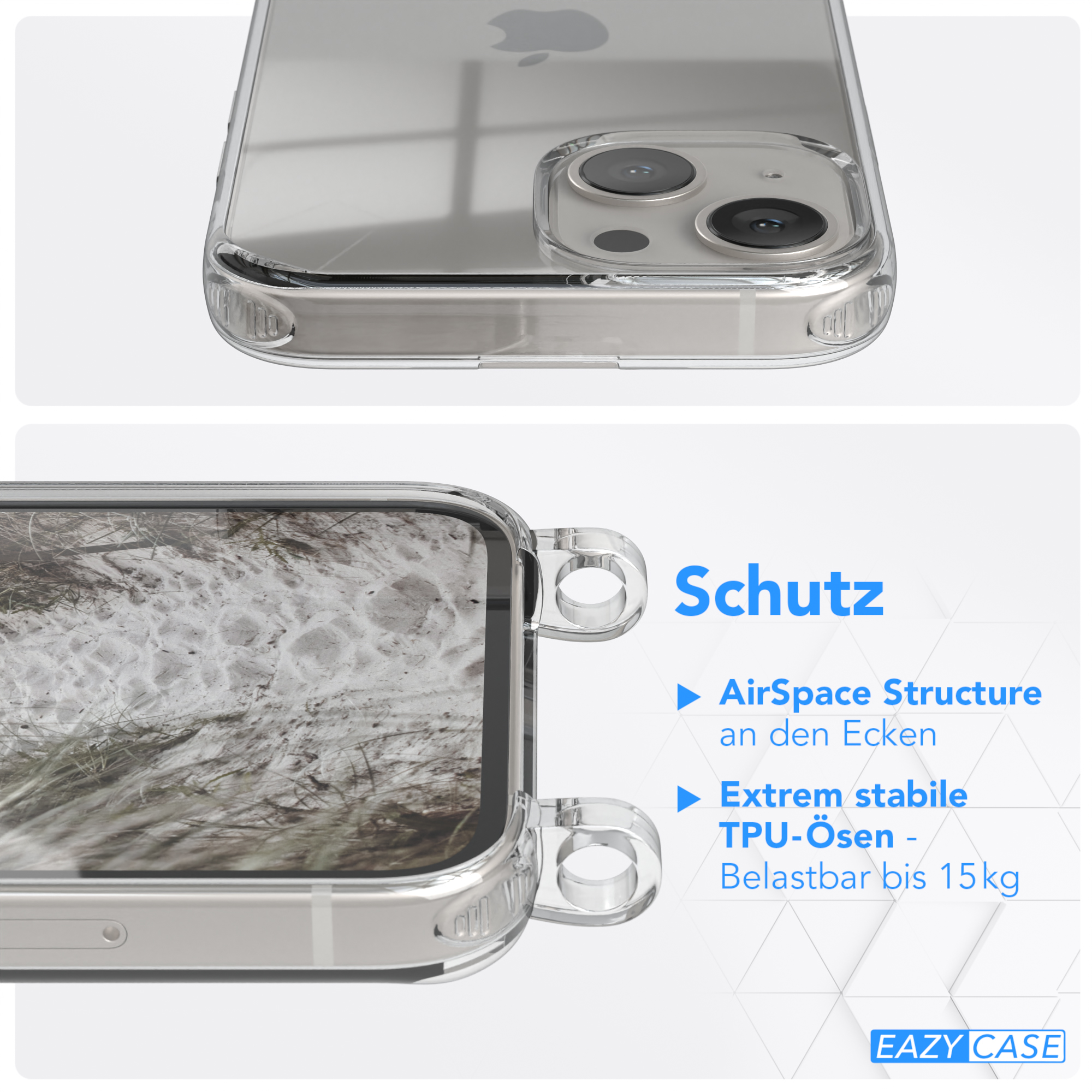 Transparente Handyhülle mit Schutzfunktionen, Nahaufnahme von Ecken und Kanten.