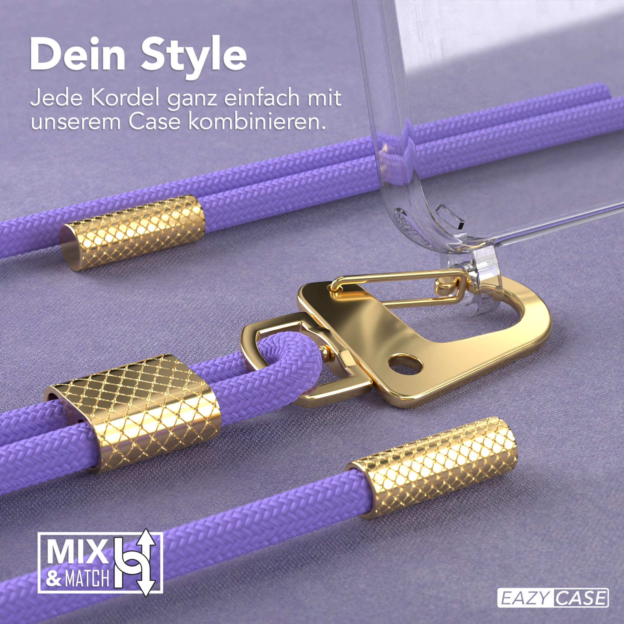 Lila Telefonschnur mit goldenen Akzenten und einer transparenten Handyhülle. Der Hintergrund ist ein Farbverlauf.