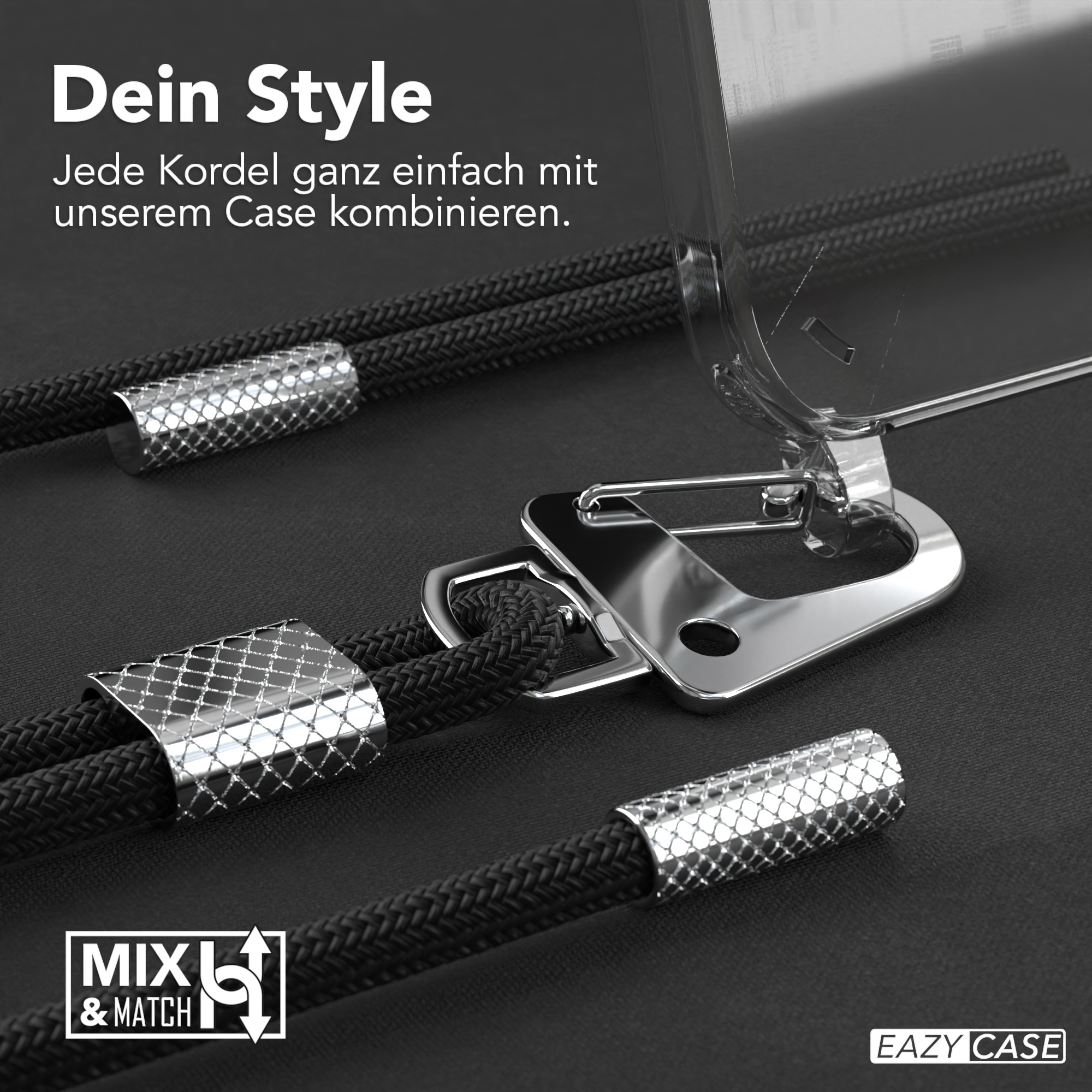 Schwarze Kordel mit silbernen Akzenten und einer Handyhülle, Nahaufnahme.