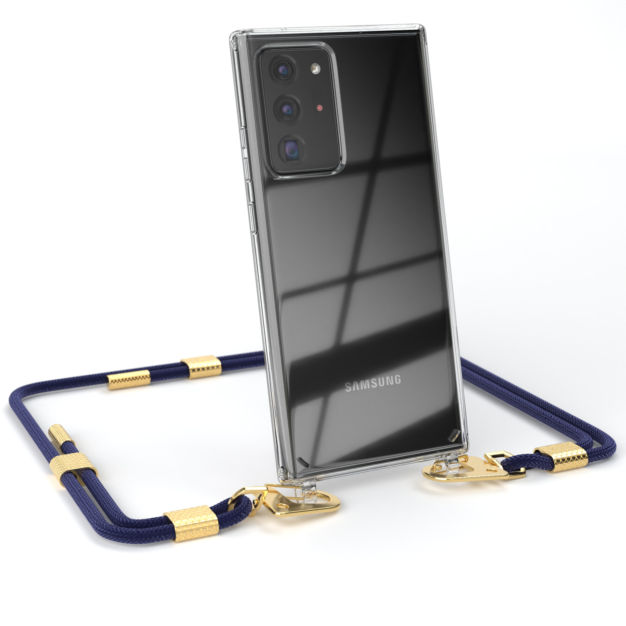 Transparente Handyhülle mit blauem Umhängeband und transparentem Telefon.