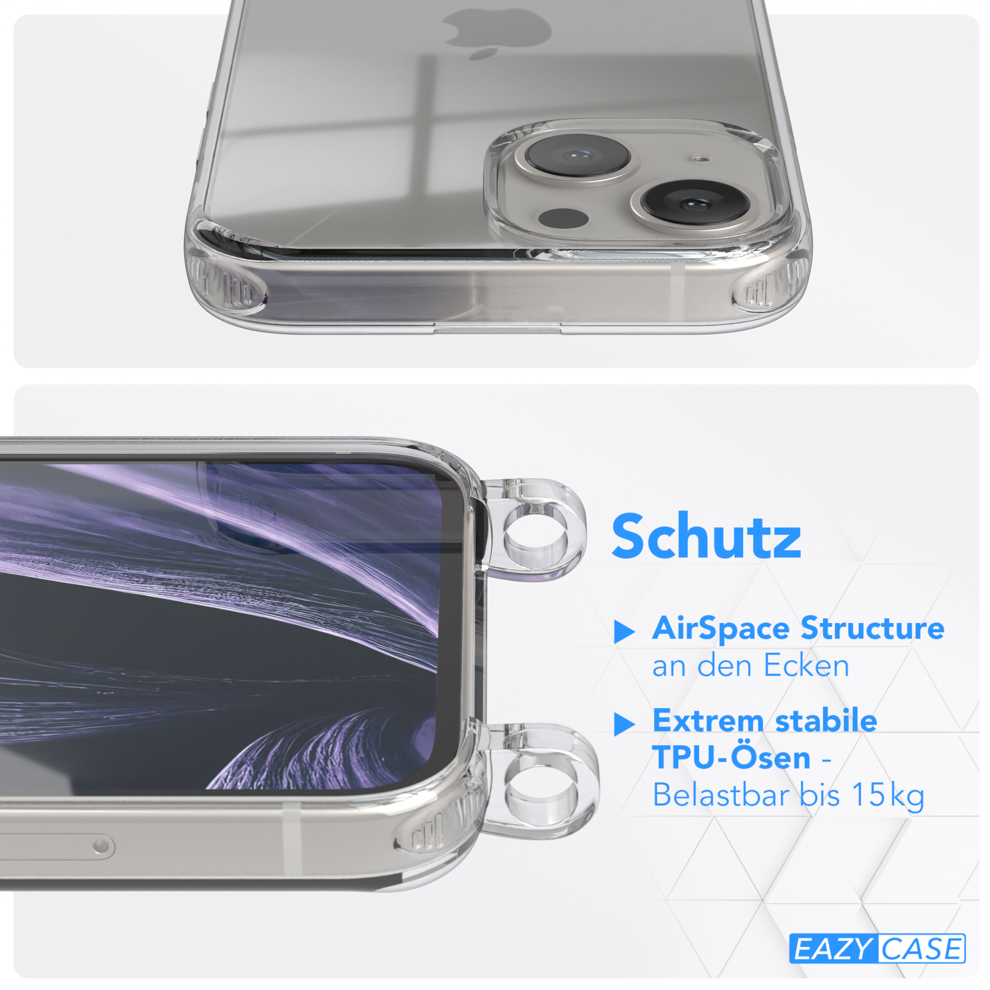 EAZY CASE Transparente Umhängetasche, Kordel Flieder Apple, Gold runder Handyhülle + / iPhone Mini, Lila mit 13 Karabiner