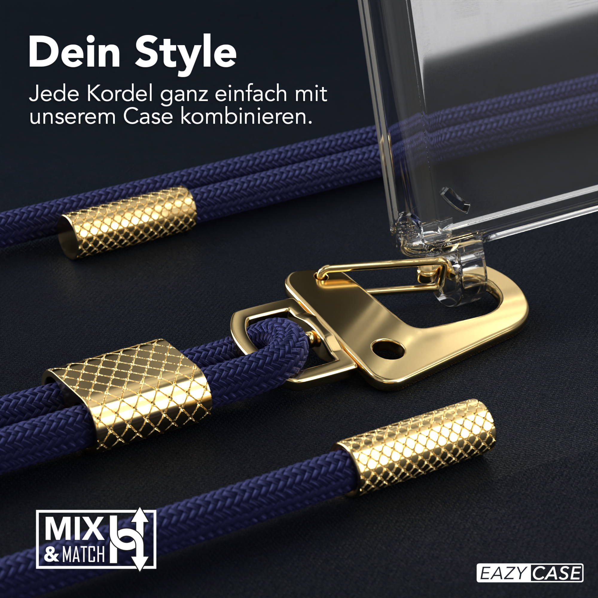 Nahaufnahme einer Handyhülle mit blauem Kordel und goldenen Details. Die Kordel ist an einem Verschluss befestigt.